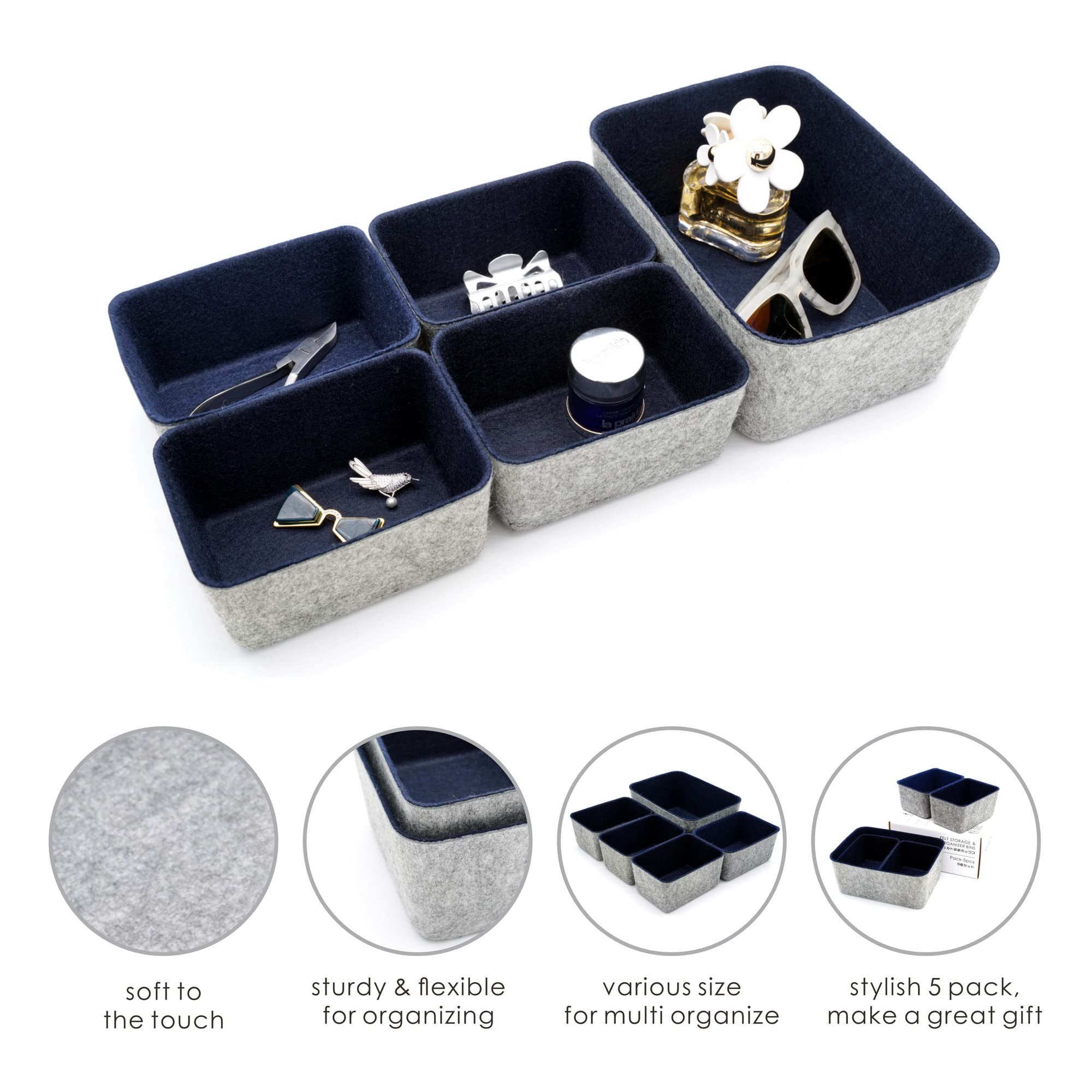 Welaxy Office Drawer Organizers - 5 Pack Deep Felt Storage Bins & Drawer Dividers for Desk, Home, or Office Organization (Navy Blue) - Perfect for Organizing Pens, Paper Clips, and Office Supplies