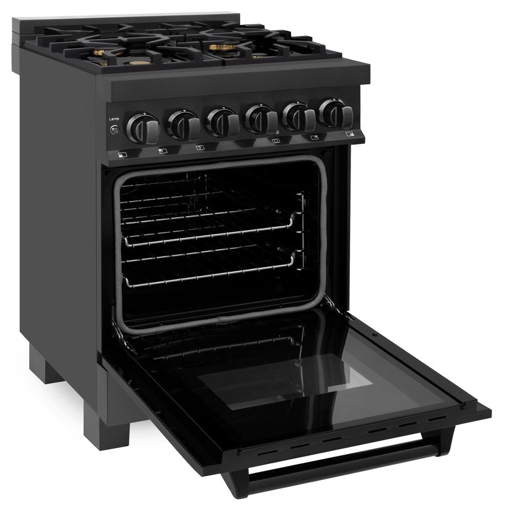 ZLINE 24 Inch 2.8 Cu. Ft. Black Stainless Steel Dual Fuel Range - Gas Cooktop & Electric Convection Oven with 4 Brass Burners (RAB BR 24) | Professional Kitchen Appliance for Home Chefs & Cooking Enthusiasts
