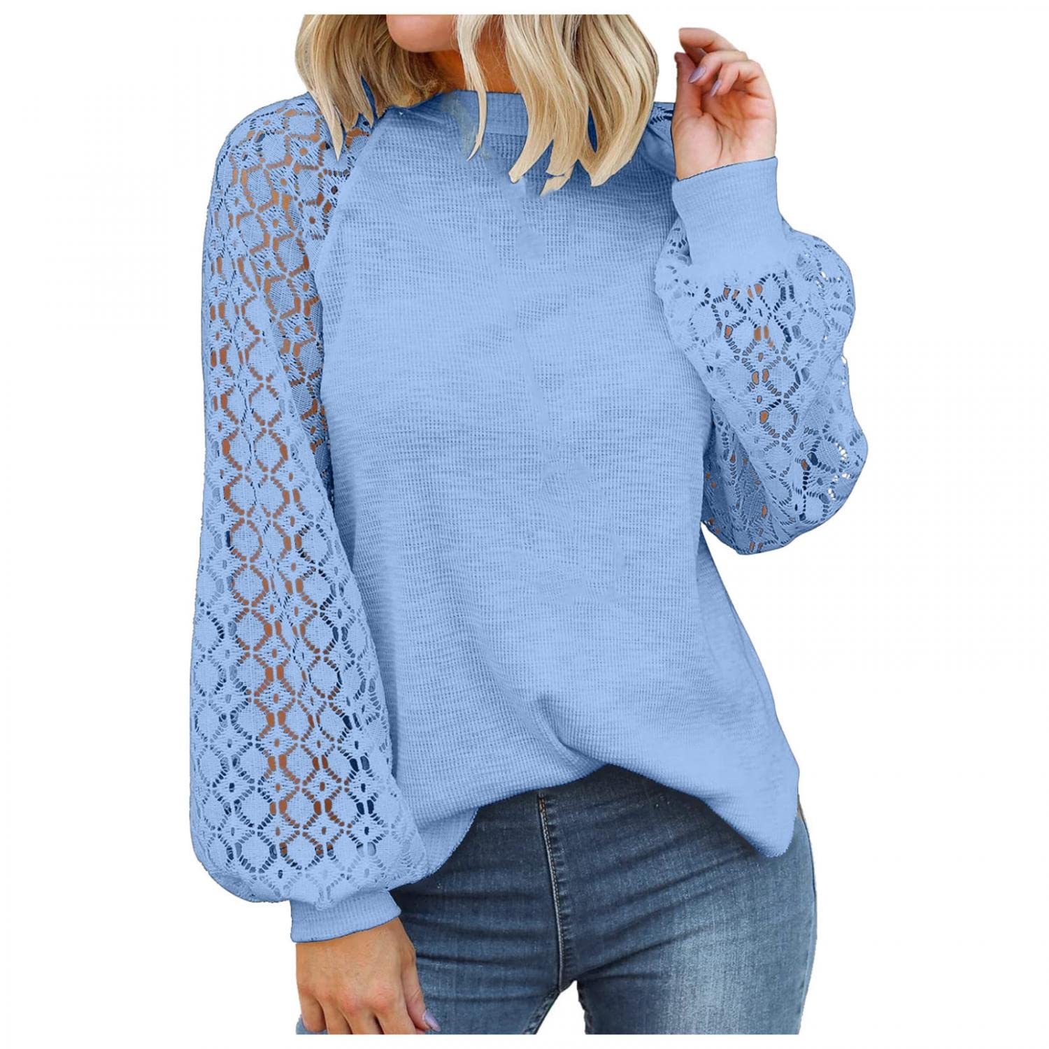 Women's Casual Waffle Knit Blouse - Long Sleeve Lace Tops, Balloon Sleeve Pullover Shirt | Perfect for Office Wear, Date Nights & Everyday Comfort