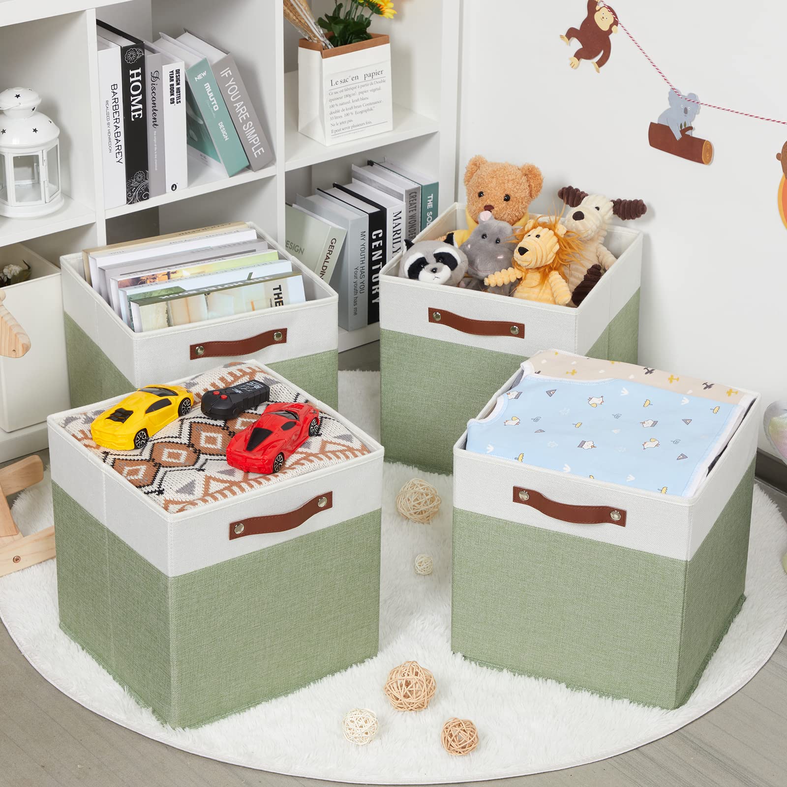 HNZIGE 13x13 Inch Fabric Cube Storage Bins Set of 4 - Collapsible Canvas Storage Baskets for Shelves, Closet Organizer, Nursery, Toy Storage - Green & White - Perfect for Home Organization, Kids Room & Office Storage