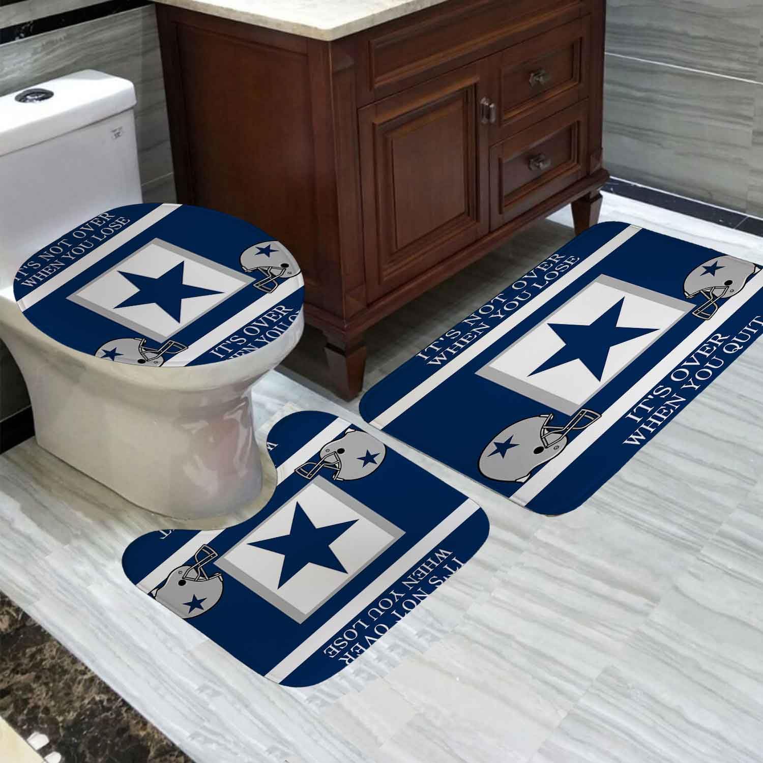 4PCS/Set Inspirational Quotes Shower Curtain with Non-Slip Bath Rugs - White Navy Blue Striped Texas Star Grey Helmet American Football Player Design for Modern Sports Bathroom Decor | Perfect for Football Fans & Athlete Themed Bathrooms