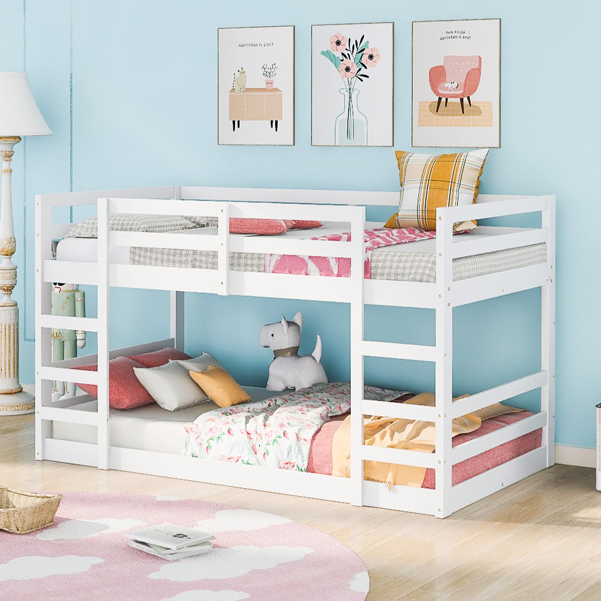 Harper & Bright Designs White Wood Twin Over Twin Low Bunk Bed for Kids with Ladder & Safety Guardrail - No Box Spring Needed - Perfect for Small Rooms, Shared Kids Bedrooms & Space-Saving Sleep Solutions