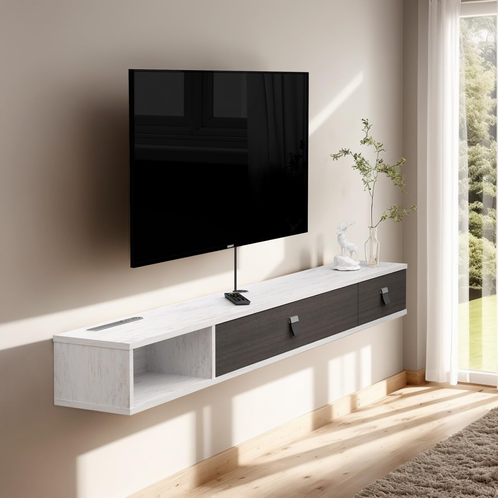 Floating TV Stand for 55-60 Inch TVs - Wall Mounted Media Console with 2 Doors, Greyish-White - Perfect for Living Room, Bedroom & Home Theater Entertainment Centers