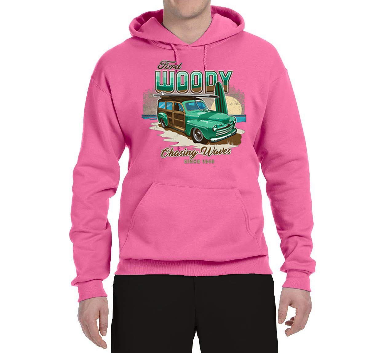 Vintage 1946 Ford Woody Chasing Waves Graphic Hoodie Sweatshirt - Wild Bobby Retro Car & Truck Unisex Pullover for Beach, Surfing & Car Enthusiasts