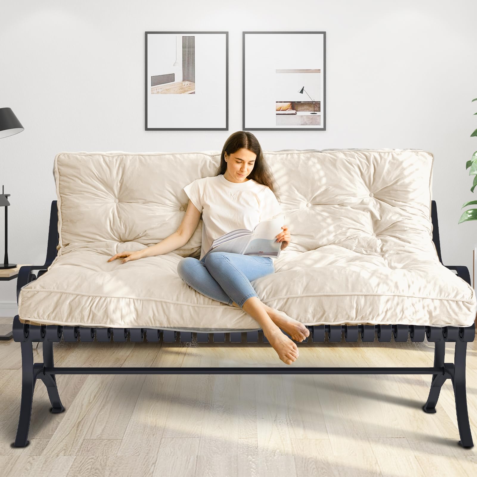 MAXYOYO 6-Inch Thick Velvet Futon Mattress for Sofa Couch Bed - Beige | Comfortable Sleeping & Lounging for Adults | Perfect for Guest Rooms, Small Apartments & Dorm Rooms