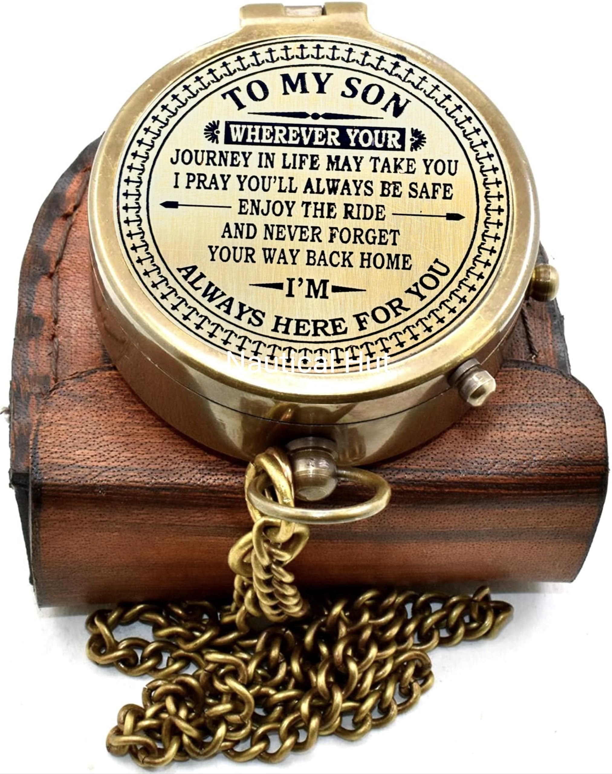 **Antique Nautical Compass with Engraved Design & Leather Case - Unique Gift for Son, Dad, Mom - Birthday, Graduation, Adventure Gift - Perfect for Travel, Hiking, Outdoor Exploration**