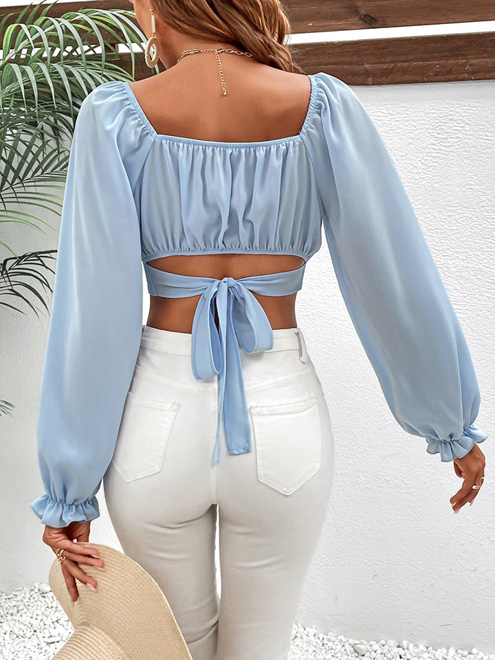 Sky Blue Cropped Resort Blouse for Women - Lightweight Summer Vacation Top - Beachwear, Pool Party & Tropical Getaway Outfit