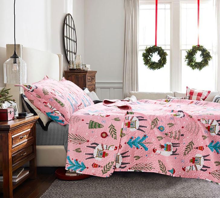 Smuge Kids Pink Christmas Alpaca Quilt Set Twin Size - Snowflake Tree Printed Bedding for Holiday & Xmas Celebration - Soft Bedspread Comforter Cover - Cozy Bedroom Decor for Winter Season