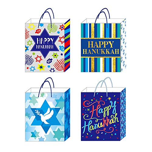 Hanukkah Gift Bags Set of 4 Premium Designs with Tissue Paper & 6 Money Holder Cards - Perfect for Jewish Holiday Gifts, Party Favors, and Cash Gifts