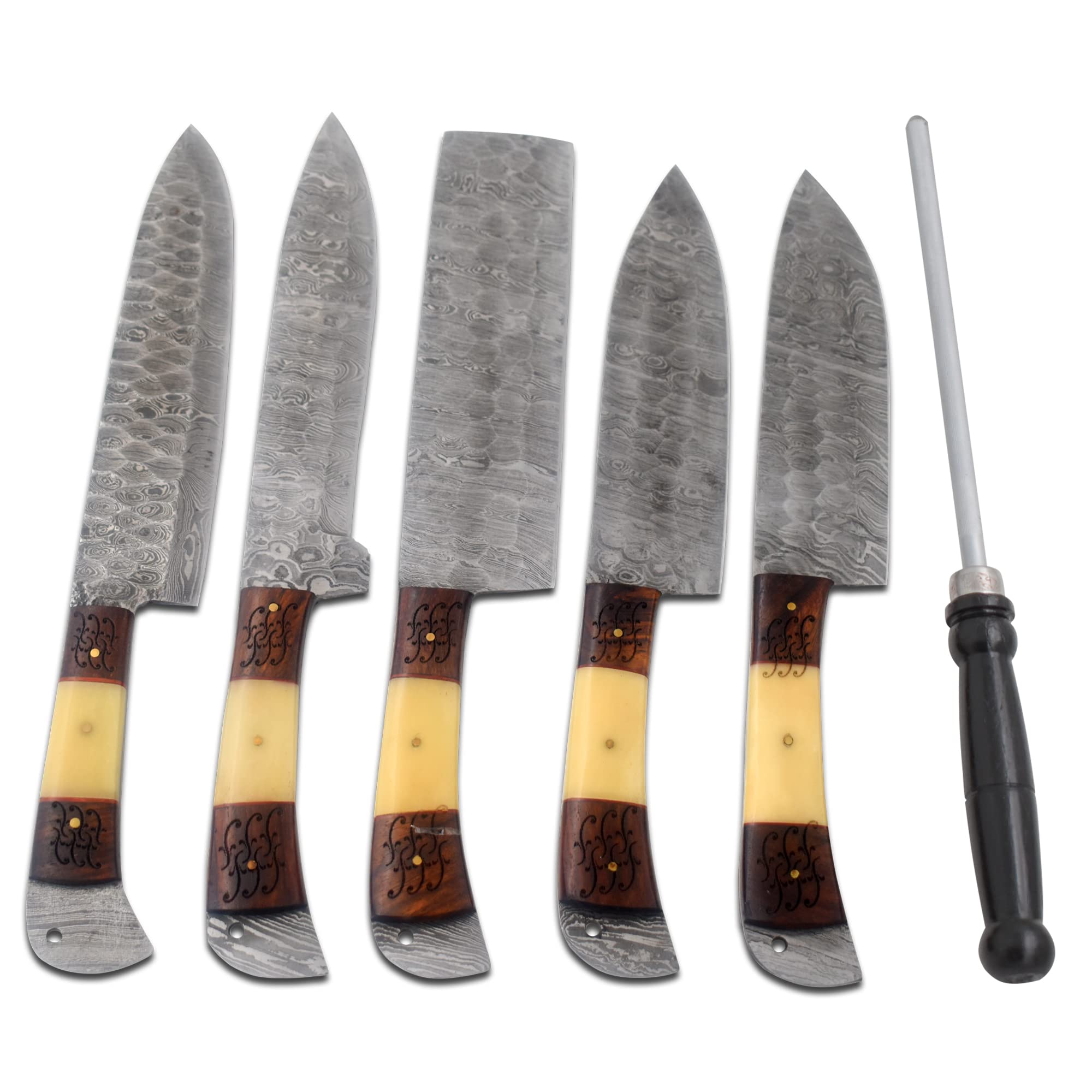 Premium Damascus Steel 5-Piece Professional Chef Knife Set - Handcrafted Wild Turkey Kitchen Knives with Cleaver & Utility Blades for Cooking, Slicing & Chopping - Ideal for Home Chefs & Culinary Enthusiasts