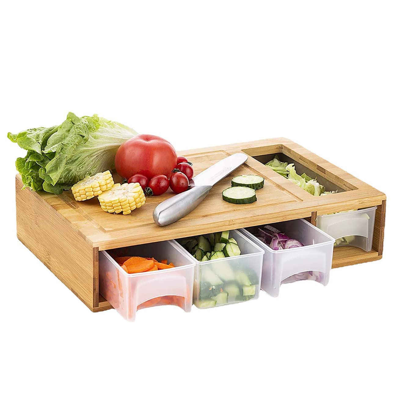 Premium Bamboo Cutting Board with Storage Containers & Lids - 4-in-1 Kitchen Chopping Station with Juice Grooves, 4 Multi-Functional Graters & Food Sliding Opening - Perfect for Meal Prep, Cooking & Entertaining
