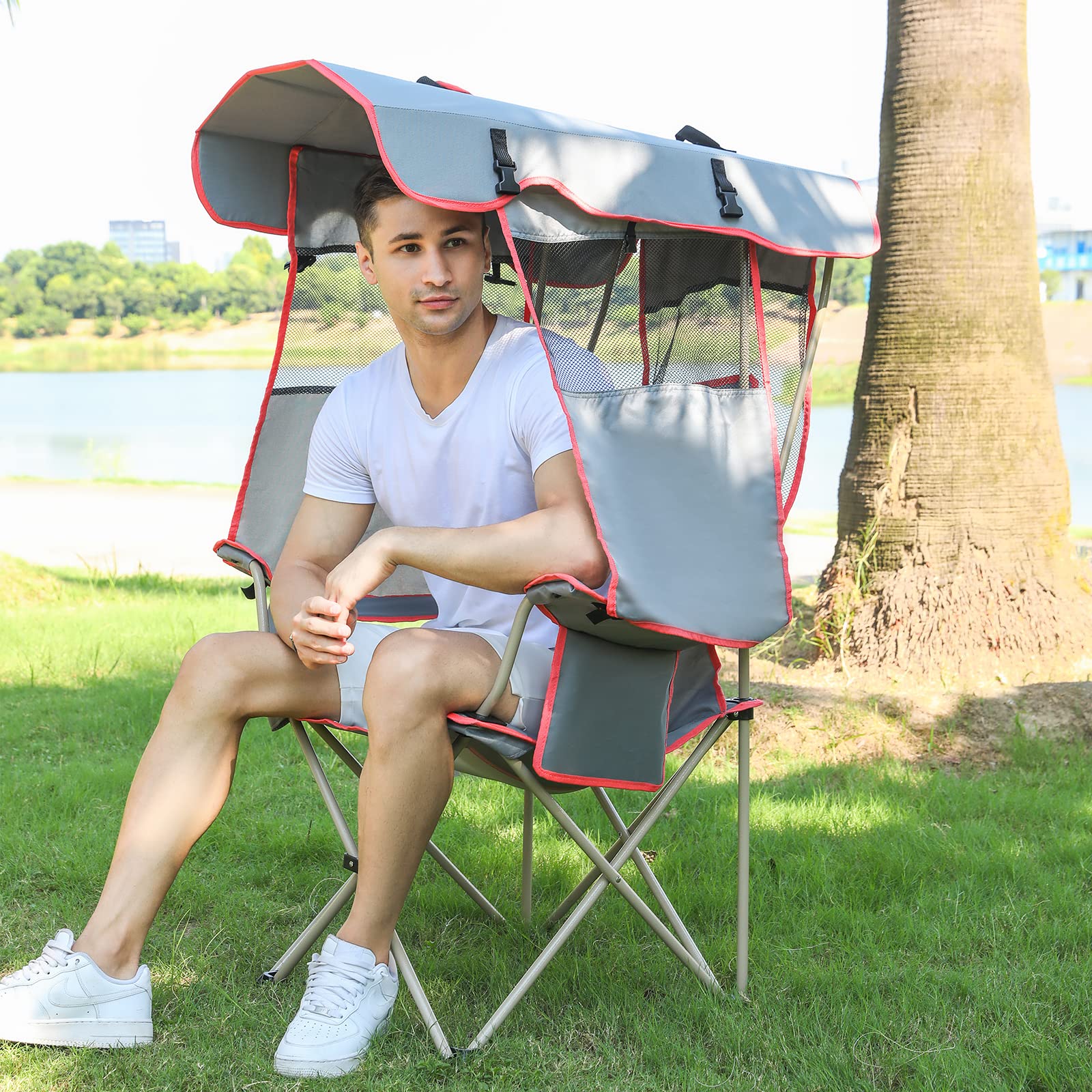 Premium Camping Chair with Full Sun Protection Canopy - Heavy Duty 330lbs Capacity Folding Outdoor Chair with Adjustable Shade, Cup Holder & Side Pockets - Perfect for Beach, Backyard, Picnic & Tailgating (Gray)