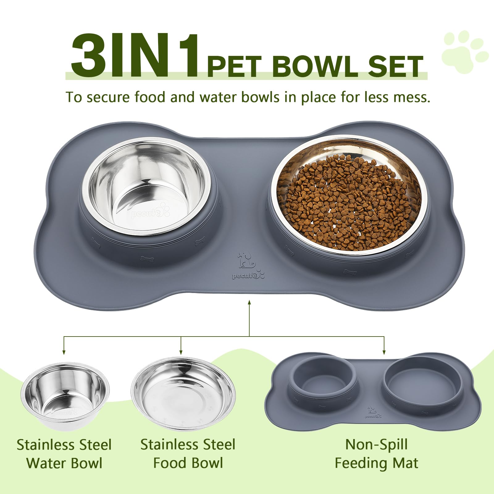 **Pecute Non-Slip Stainless Steel Dog Bowls Set - 2 Pack (14oz Each) with Anti-Spill Silicone Mat for Cats, Puppies & Small Dogs - Perfect for Food & Water Feeding at Home or Travel (Grey)**
