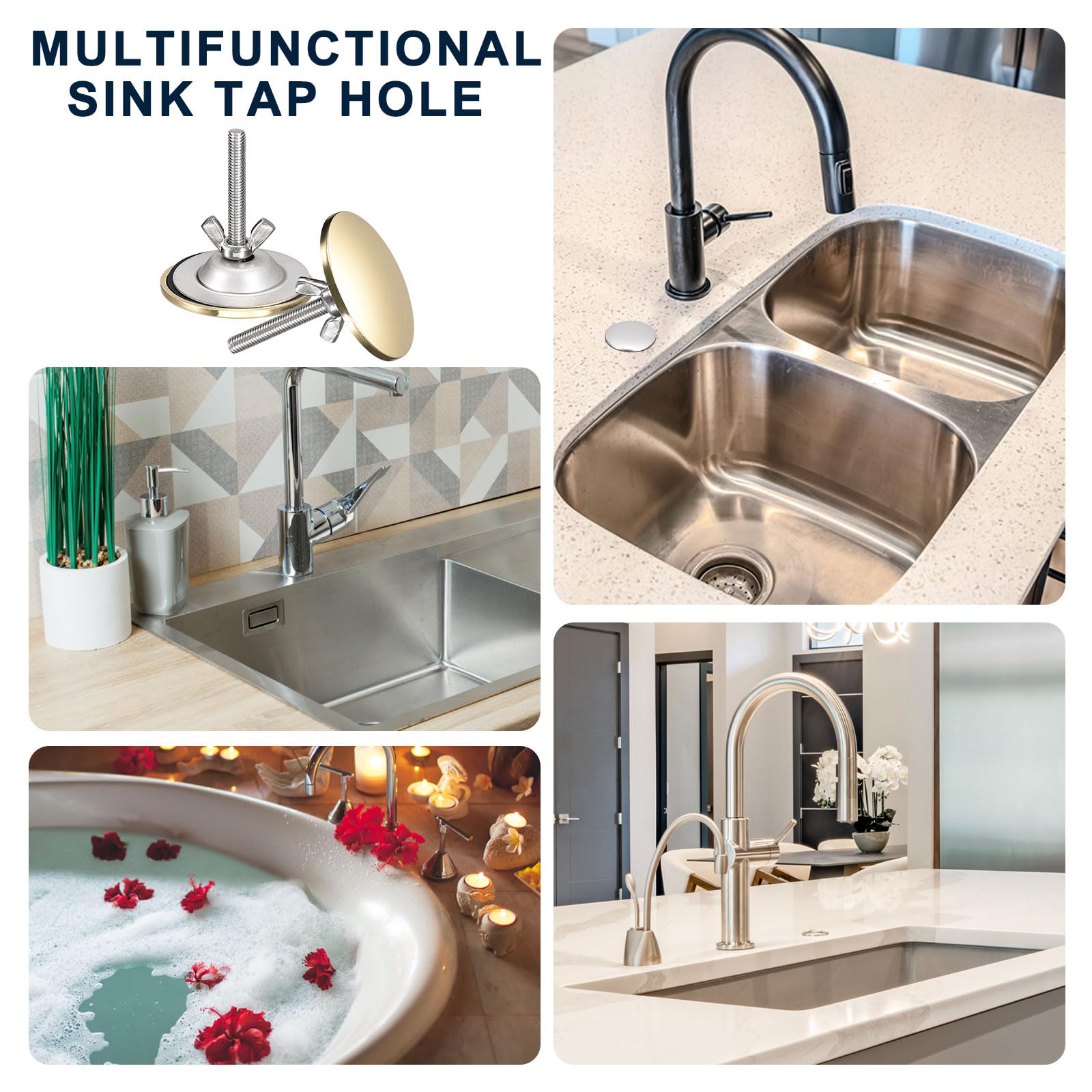 3Pcs Zinc Alloy Kitchen Sink Hole Covers - Faucet & Soap Dispenser Hole Covers for Washbasin Countertop Space Saving (Champagne Gold) | Perfect for Bathroom, RV, Laundry Room & Kitchen Renovation
