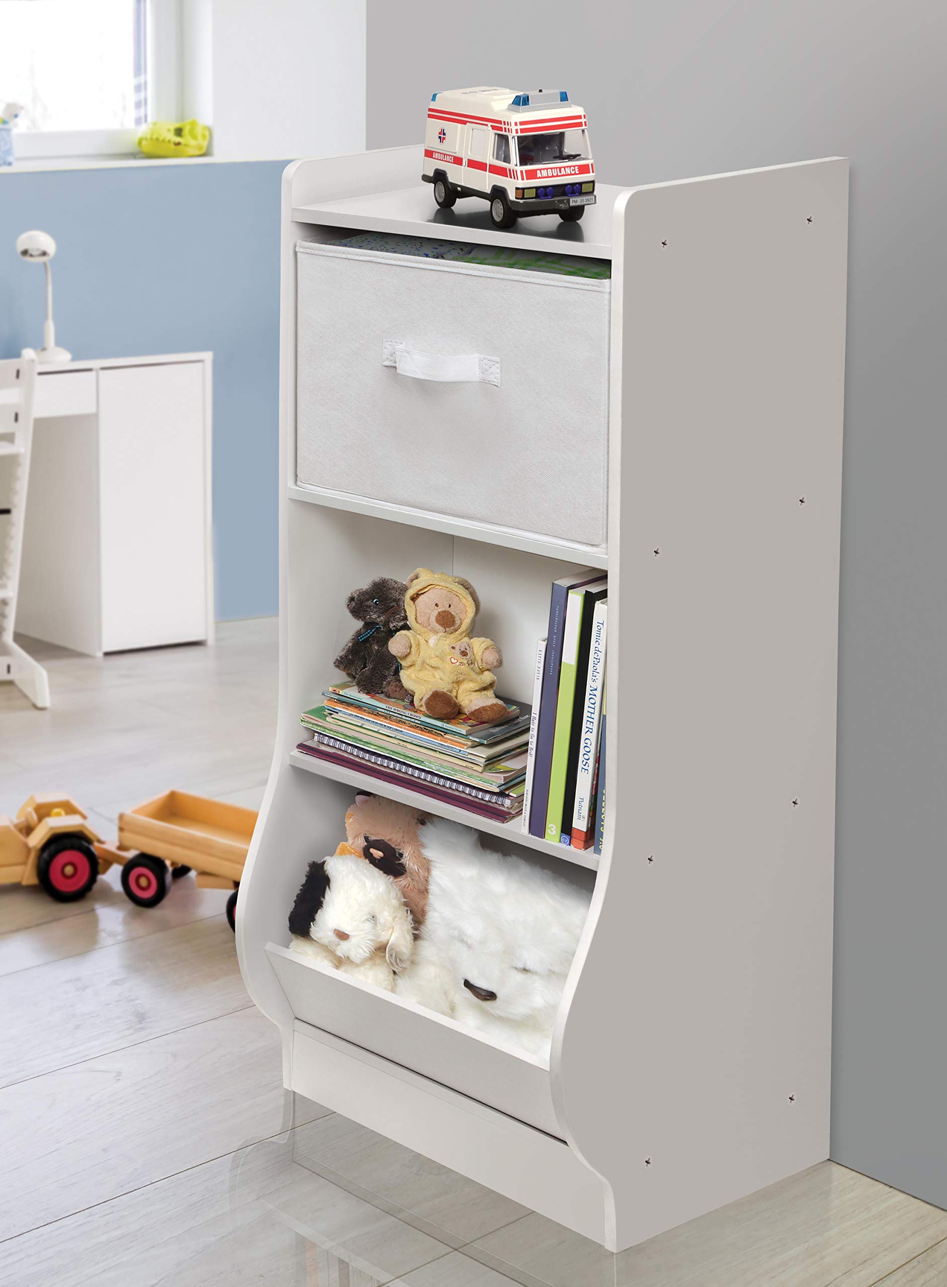 Badger Basket White Upright Storage Nook with Reversible Basket - Melamine Surface, 2 Shelves & Angled Bin - Customizable Kids Storage Organizer for Bedroom, Playroom & Nursery Organization