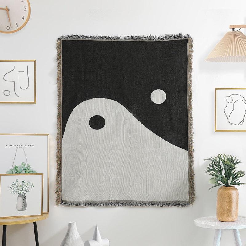 Yin Yang Tapestry & Throw - Spiritual Wall Hanging Decor for Meditation Room, Yoga Studio, or Bedroom - Black & White Mandala Design for Boho Chic Home Aesthetic