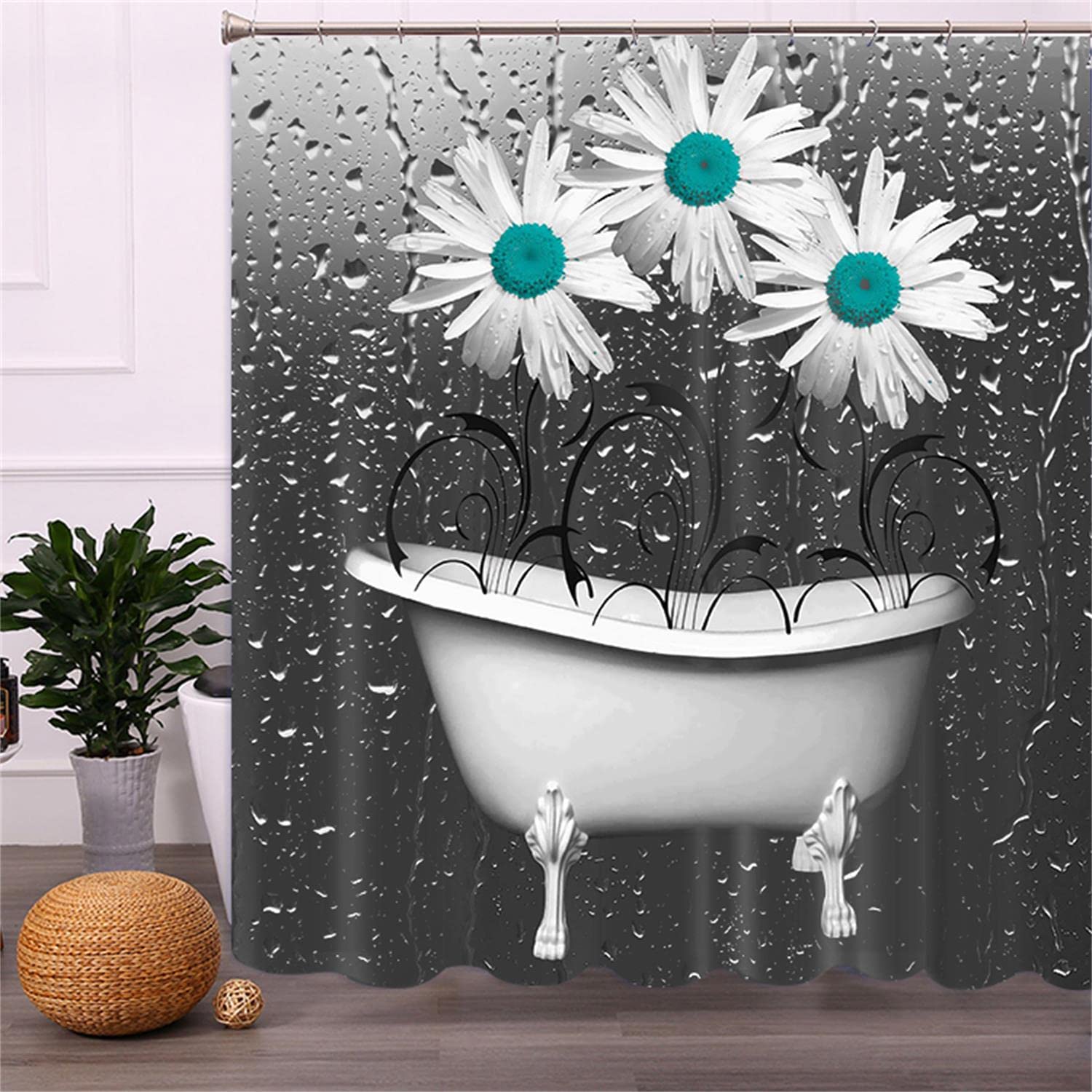Vintage Teal Daisy Shower Curtain - Waterproof Bathroom Decor with Heavy Duty Fabric, Anti-Splash Design & Fade-Resistant Colors for Bathtub or Shower - Perfect for Boho, Farmhouse & Vintage Style Bathrooms