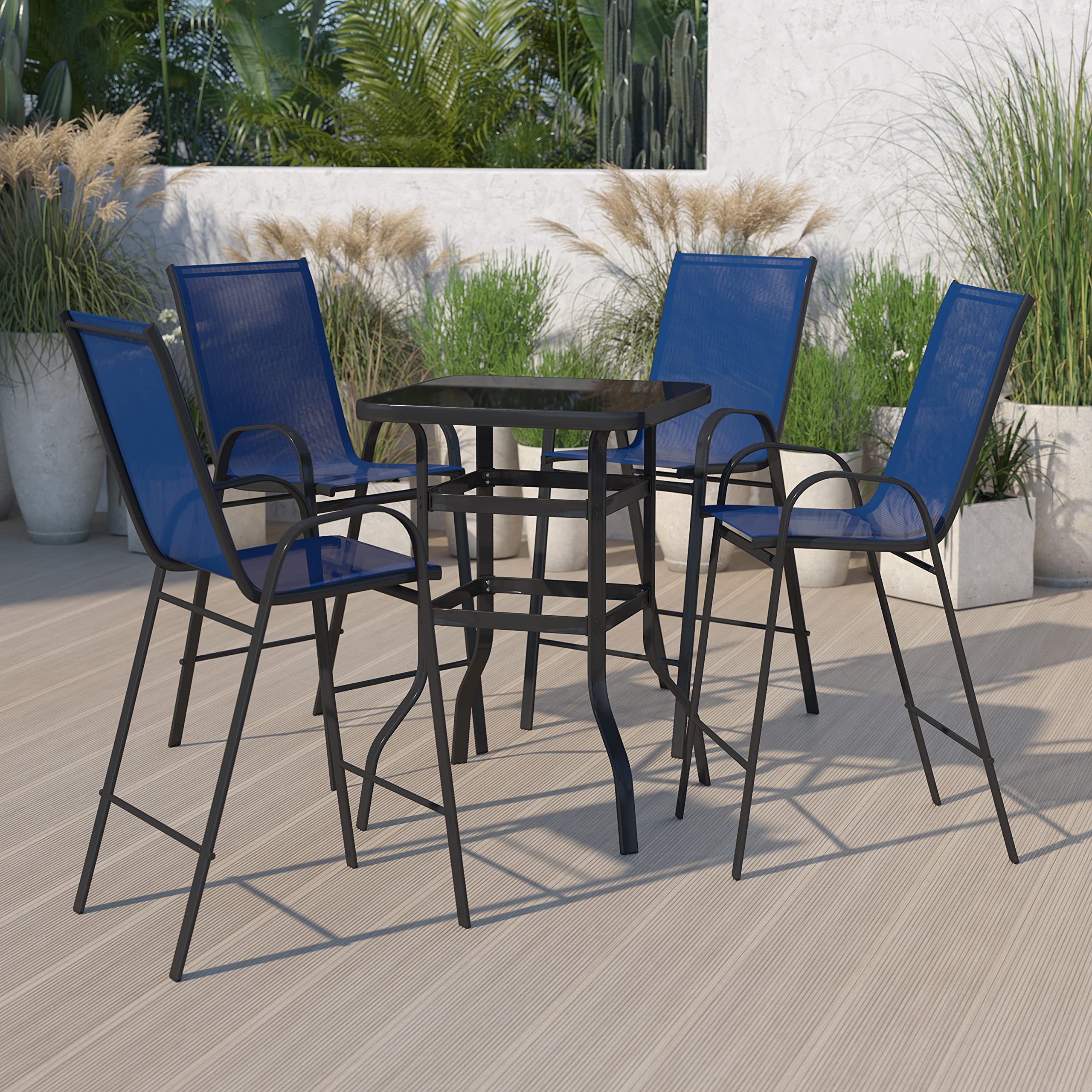 Flash Furniture Brazos 5-Piece Bar Table Set with Glass Top & 4 Navy Patio Bar Stools - Outdoor Dining Set for Patio, Deck, Backyard, and Poolside Entertaining