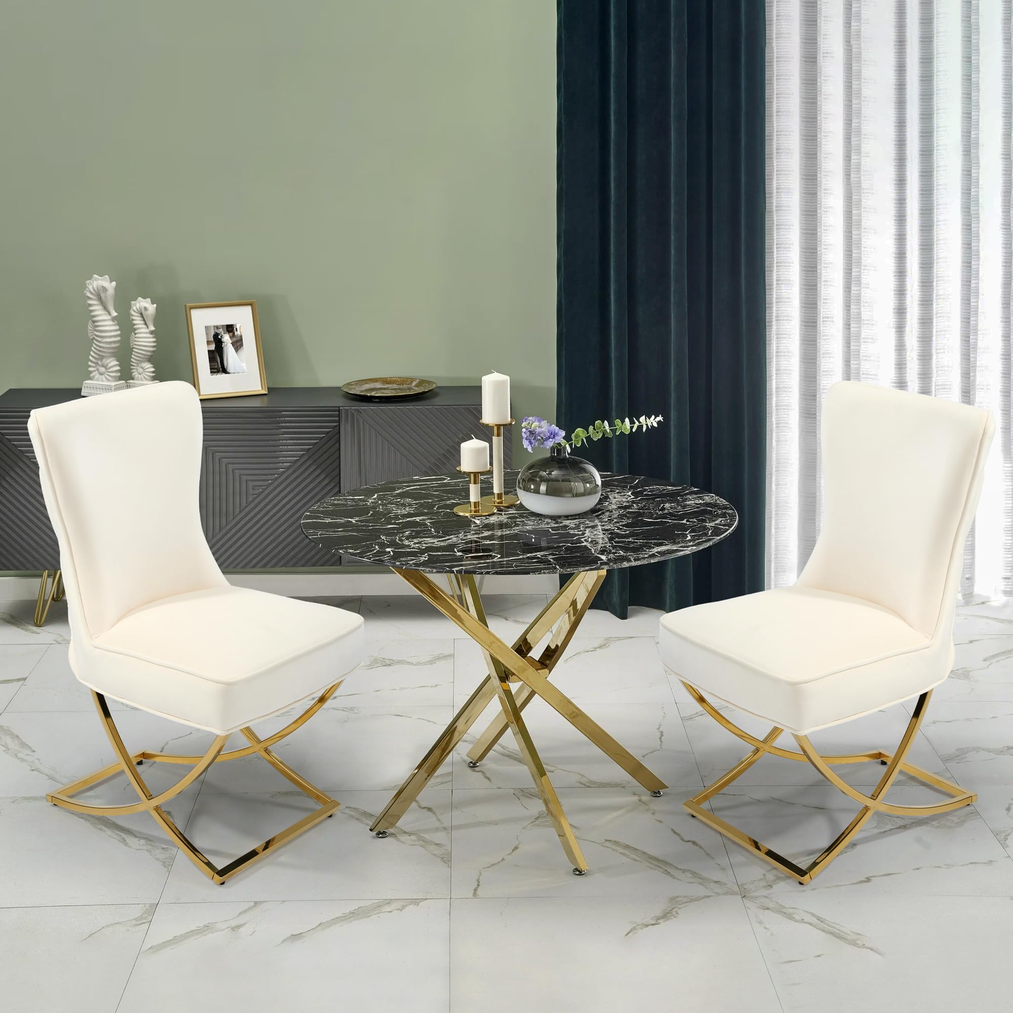 Luxury Velvet Dining Chairs Set of 2 - Tufted Upholstered Accent Chairs with Stainless Steel Legs for Dining Room, Living Room, Bedroom - Elegant Beige Velvet Fabric - Modern Home Decor