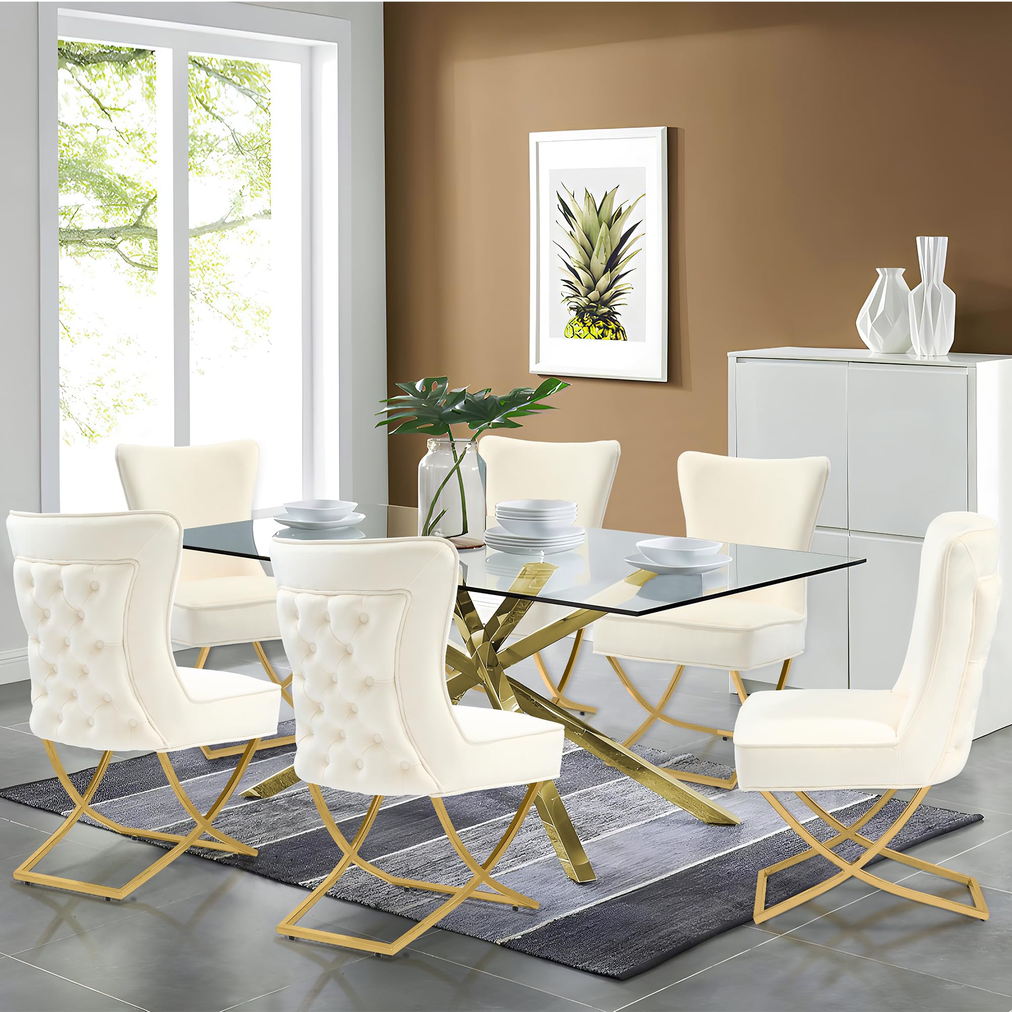 Luxury Velvet Dining Chairs Set of 2 - Tufted Upholstered Accent Chairs with Stainless Steel Legs for Dining Room, Living Room, Bedroom - Elegant Beige Velvet Fabric - Modern Home Decor