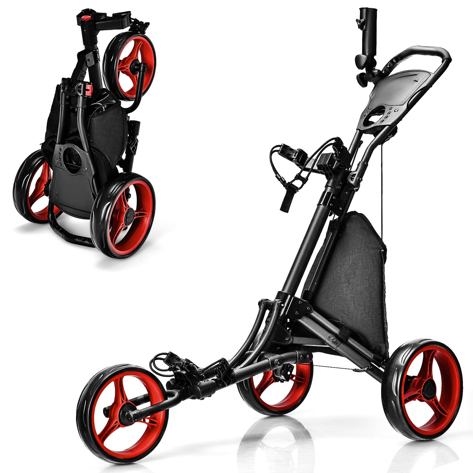 Ultimate 3 Wheel Golf Push Cart - Lightweight Aluminum Folding Golf Caddy with Elastic Strap, Umbrella Holder & Cup Holder | Adjustable Handle, Foot Brake & Scoreboard Storage | Insulated Cooler Bag | Perfect for Walking Golfers & Course Convenience