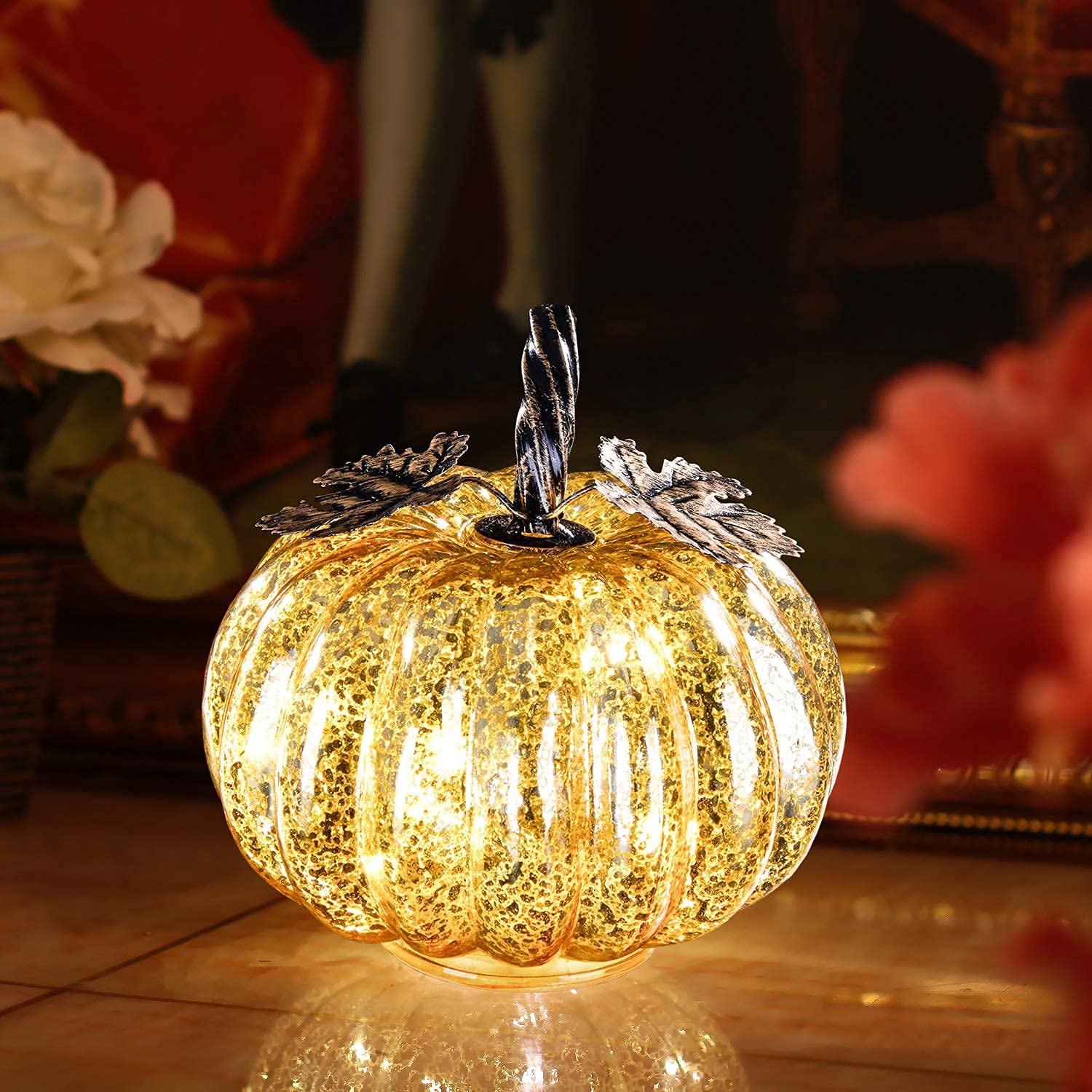 5.5 Inch Mercury Glass Pumpkin Lights with Timer - Elegant Fall Table Centerpiece Decor for Thanksgiving, Halloween, and Autumn Home Decoration