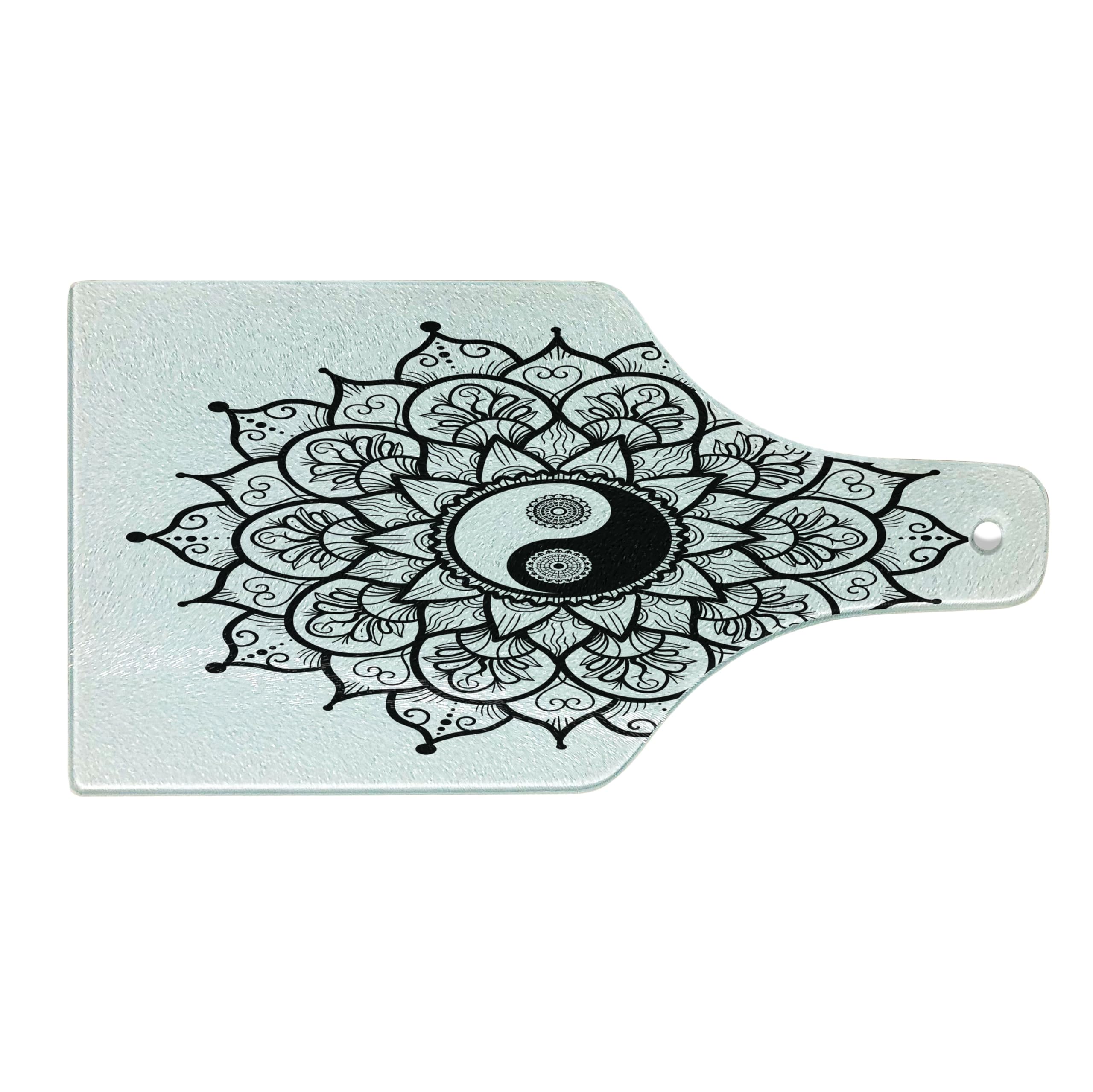 Ambesonne Yin Yang Cutting Board - Retro Floral Mandala Paisley Design, Tempered Glass Serving Board for Kitchen & Dining, Wine Bottle Shape in Black & White - Perfect for Cheese Platters, Charcuterie & Party Serving
