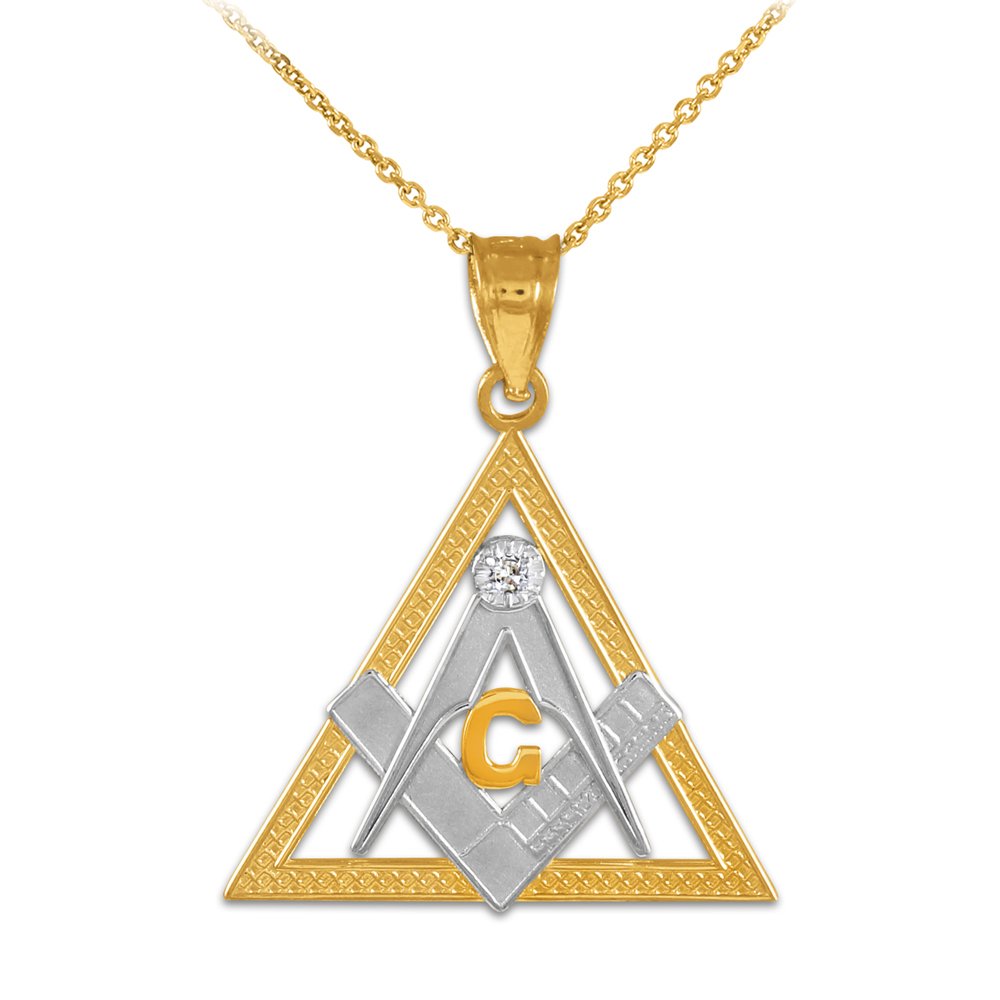 10K Two-Tone Gold Triangle Freemason Diamond Masonic Pendant Necklace for Men - Freemasonry Jewelry Gift for Brotherhood, Lodge Members & Secret Society Enthusiasts - Perfect for Rituals, Ceremonies & Special Occasions