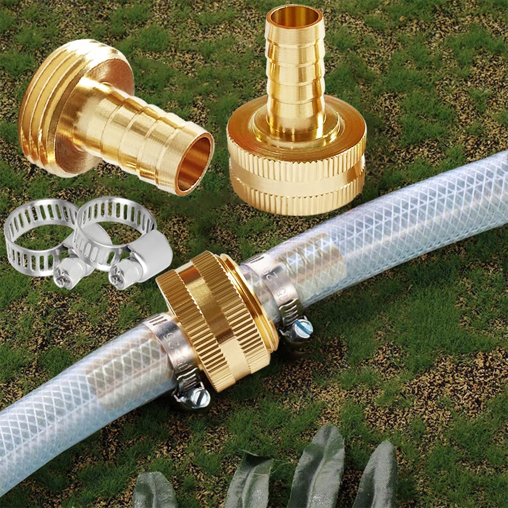 Premium Solid Brass Garden Hose Repair Connector with Clamps - 5/8