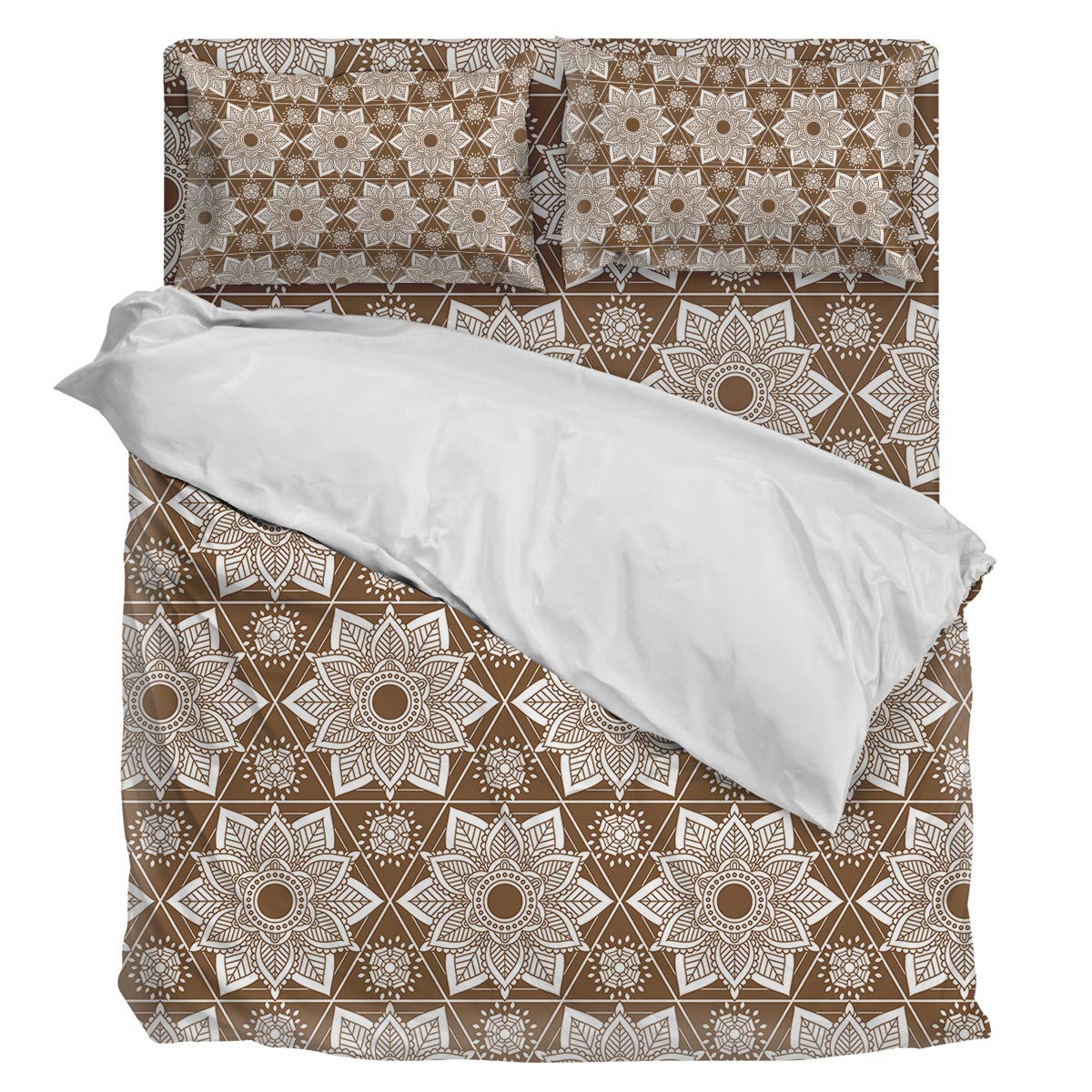 3 Sunflower 4-Piece Twin Size Duvet Cover Set - Indian Traditional Brown Mandala Luxury Soft Bedding (1 Duvet Cover + 1 Sheet + 2 Pillowcases) for Cozy Bedroom Decor & Boho Chic Home Styling