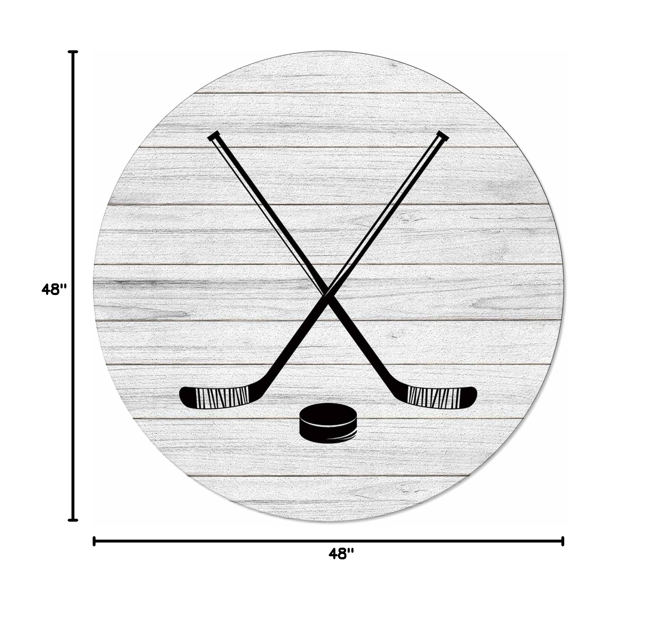 Hockey Sport Theme Round Area Rugs - 4ft Diameter Anti-Skid Floor Carpet Mat for Kids Room, Nursery, Office, Bedside & Living Room - Rustic Wooden Board Design for Home Decor & Game Room