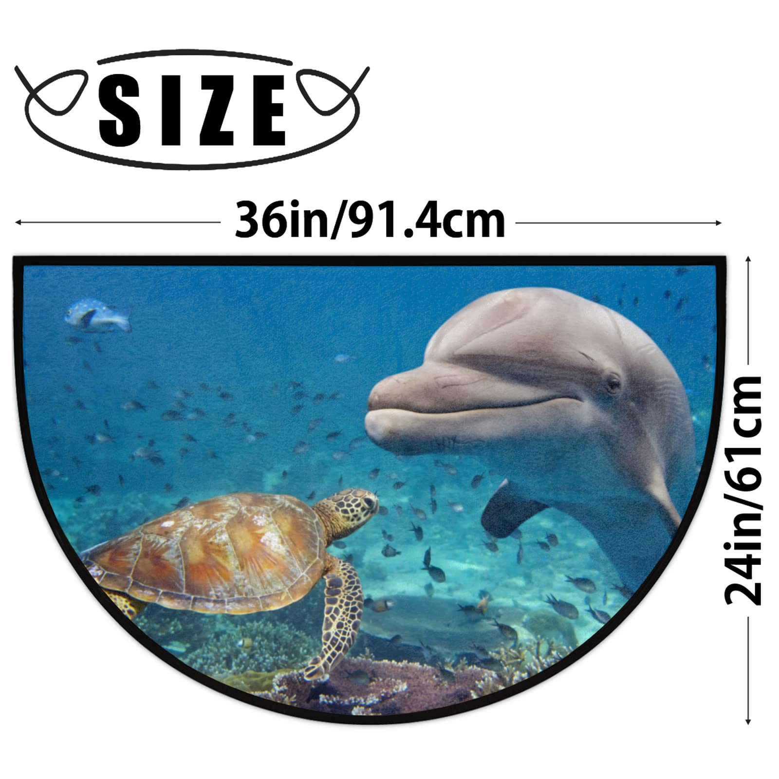 Non-Slip Half Round Door Mat with Ocean Animal Design - Turtle & Dolphin Print Indoor/Outdoor Welcome Rug (36x24 Inch) for Entryway, Porch, and Home Decor