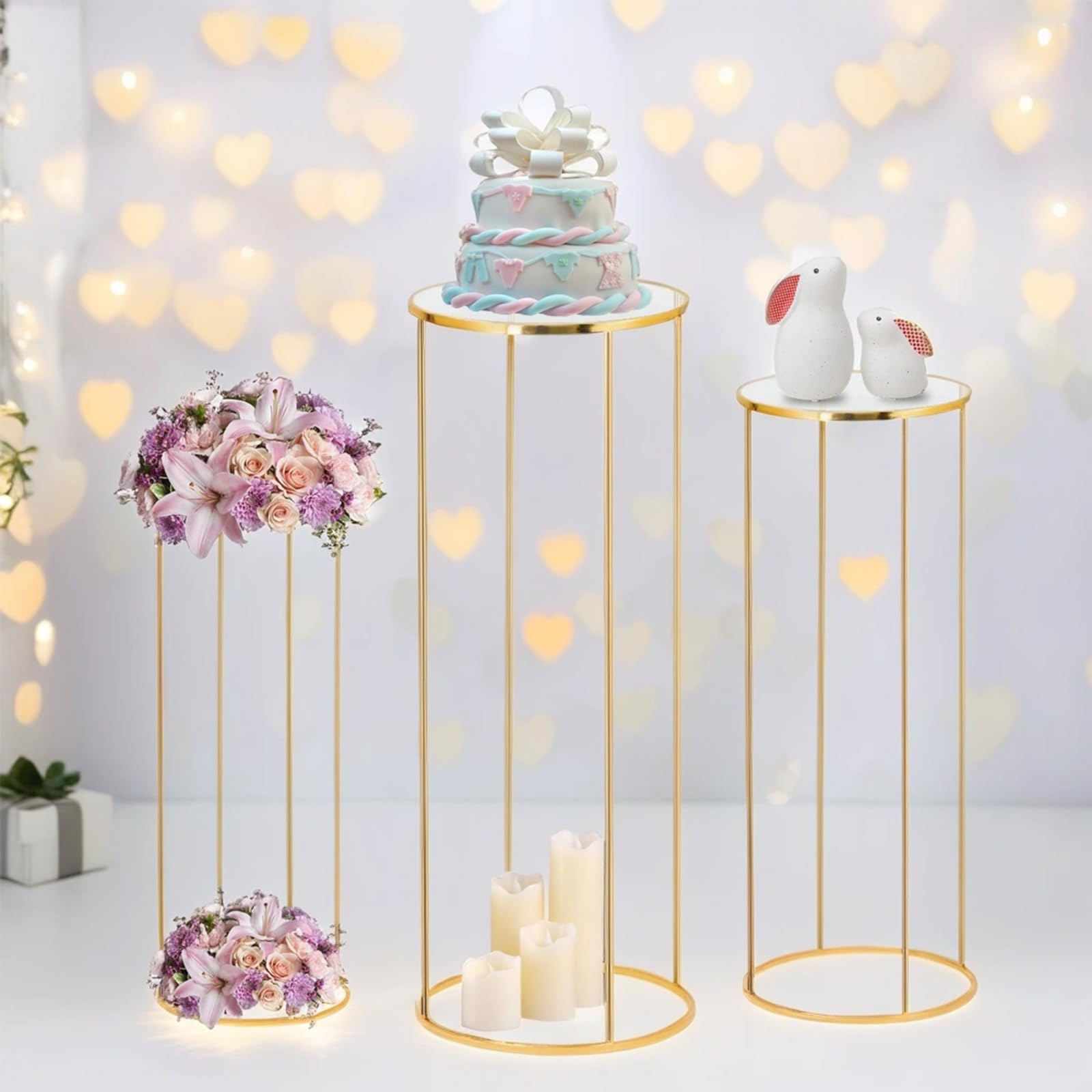 3pcs Gold Metal Plant Stands - Cylinder Pedestal Stands for Party Decor, Wedding Centerpieces & Home Display - Round Metal Columns for Cake Stands, Floor Plants & Event Decorations (Perfect for Weddings, Parties & Home Styling)