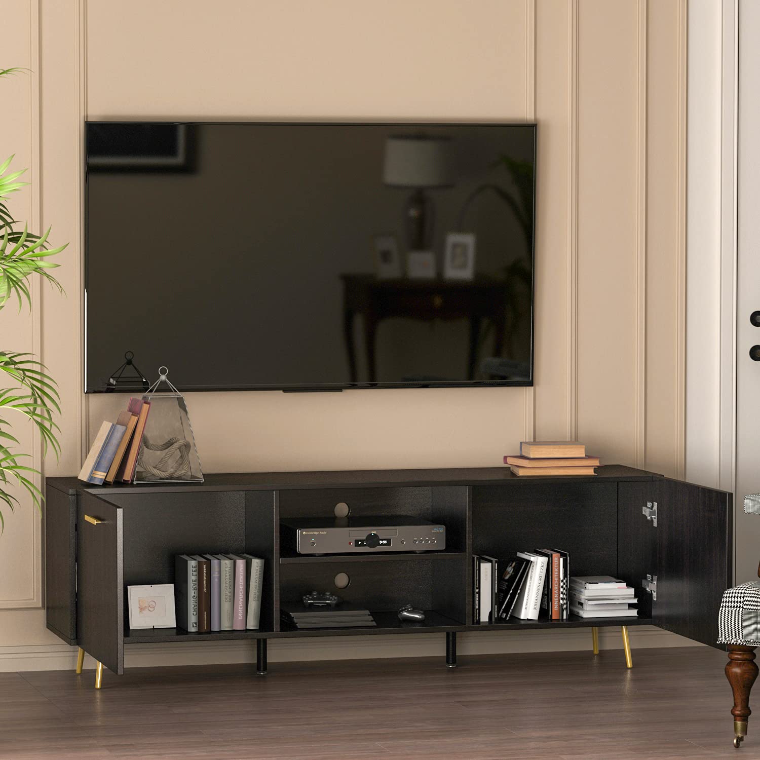 FUFU&GAGA 65 Inch TV Stand - Modern Wood & Metal Legs Entertainment Center with 2 Storage Cabinets & 2 Open Shelves - Universal Media Console for Living Room, Home Theater & Gaming Setup (Black-Brown)