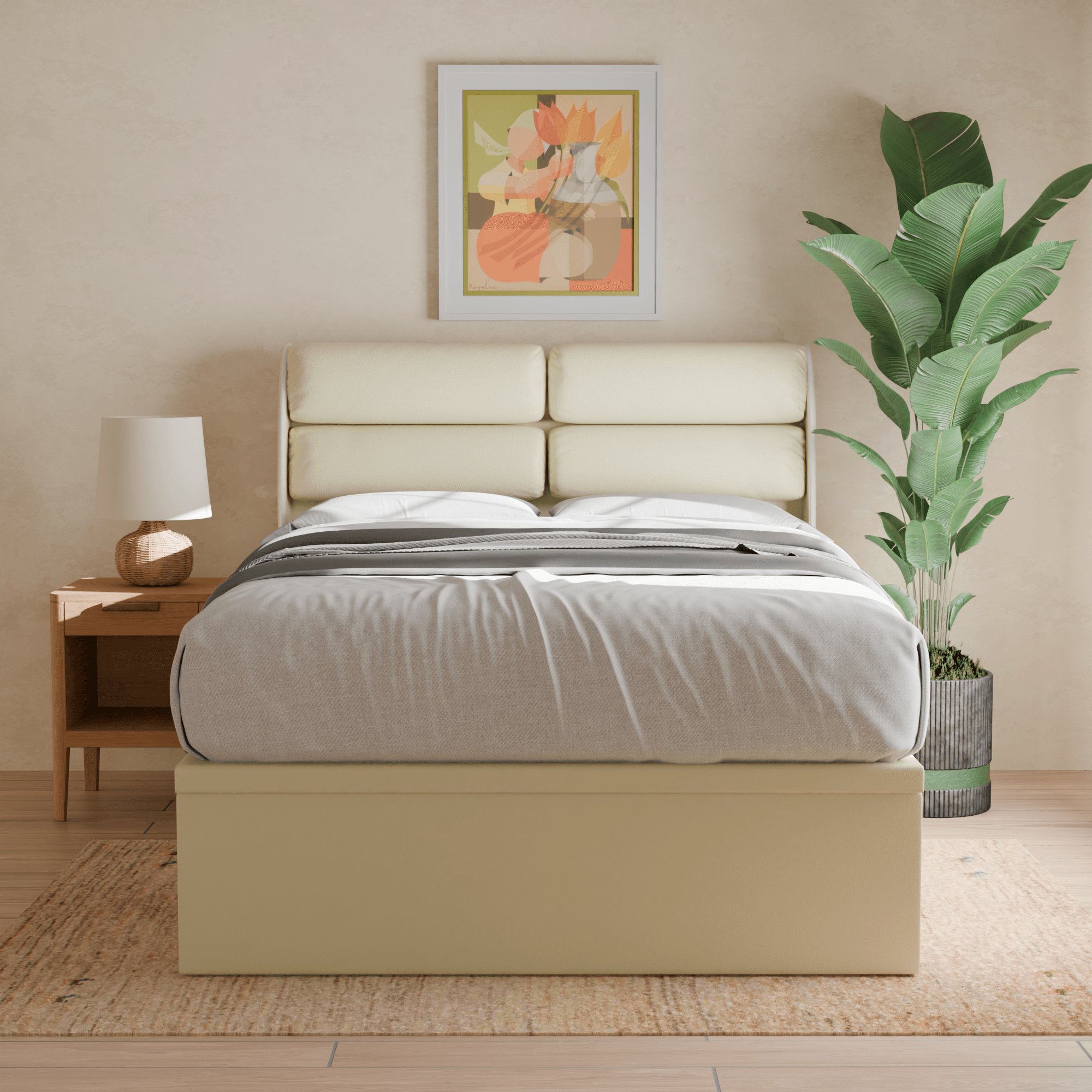 Fobbee Faux Leather Upholstered Storage Bed with Underbed Drawers - Queen Size Platform Bed Frame for Small Spaces & Modern Bedroom Decor