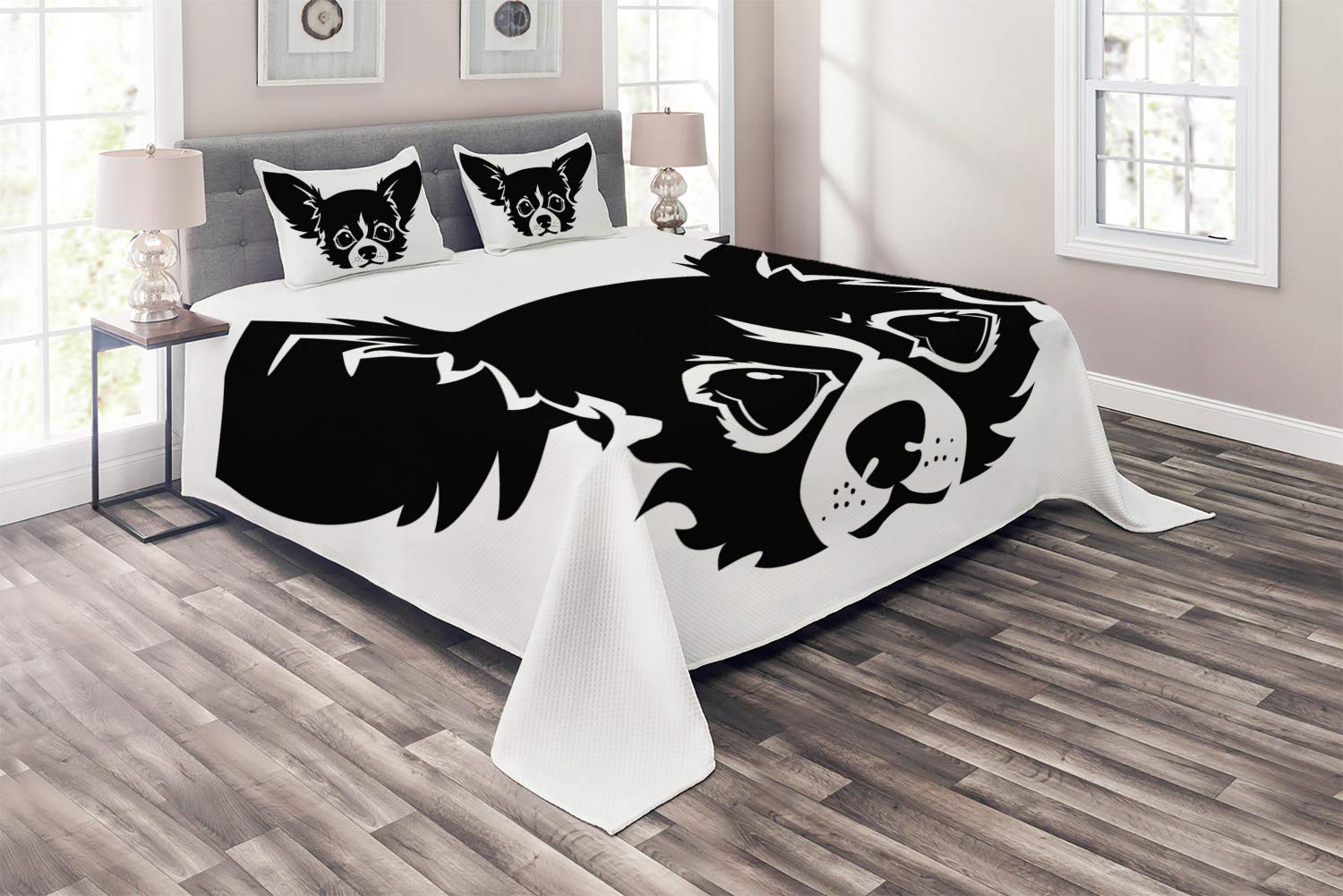 Ambesonne Chihuahua Dog Bedspread Set - 3 Piece King Size Quilted Coverlet with 2 Pillow Shams, Black White Monochrome Cartoon Puppy Design | Cozy Bedroom Decor for Pet Lovers, Perfect for Master Bedroom or Guest Room