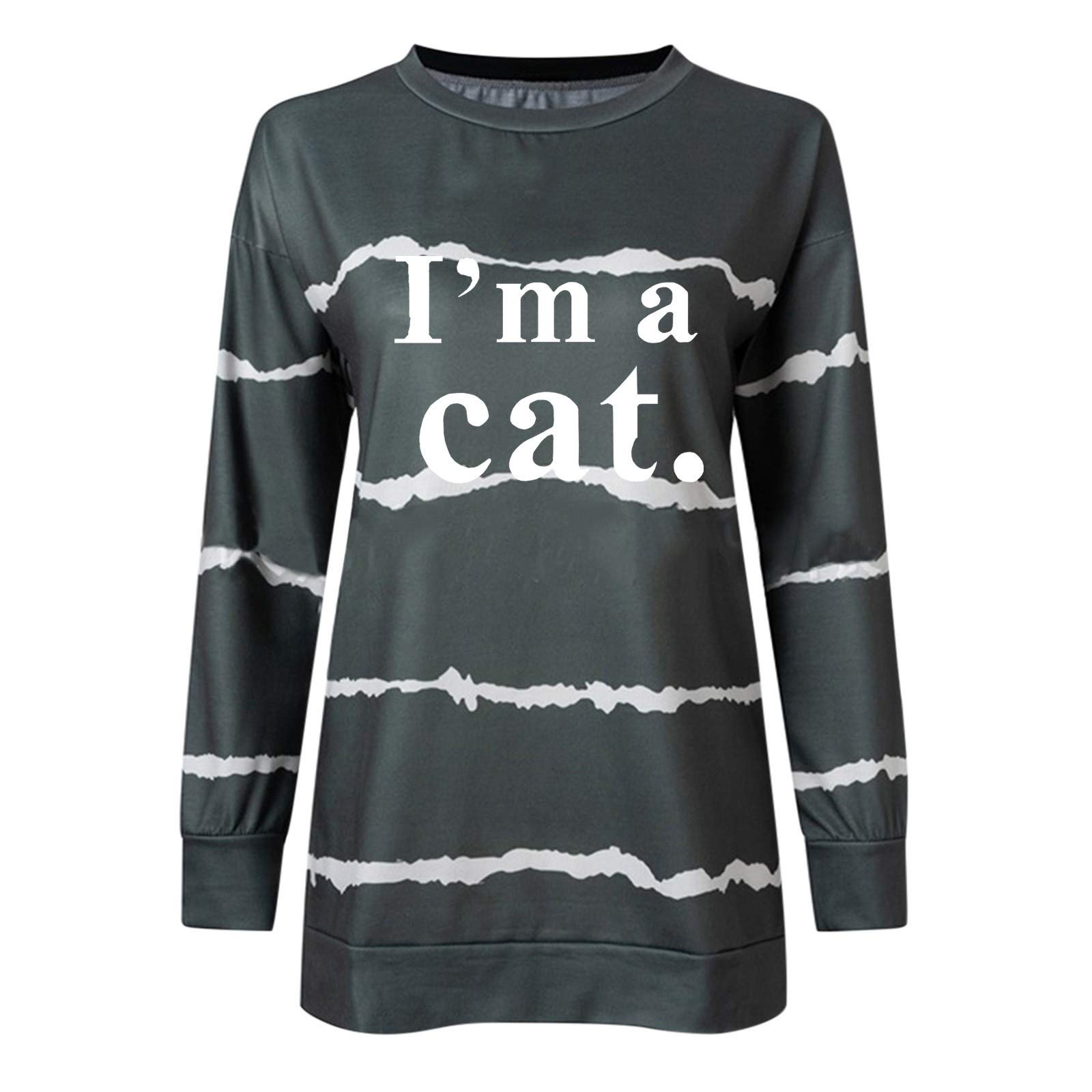 Holzkary Cat Print Long Sleeve Sweatshirt for Women - Loose Fit Round Neck Striped Pullover with Printed Design - Perfect for Casual Wear, Tall Women Fashion, and Everyday Comfort
