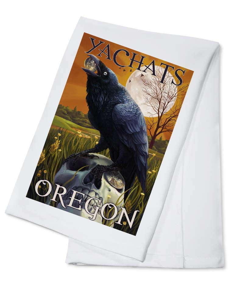 Raven and Skull 100% Cotton Tea Towel - Decorative Hand Towel for Kitchen & Home - Yachats Oregon Inspired Design - Perfect for Dish Drying, Gift Giving & Farmhouse Decor