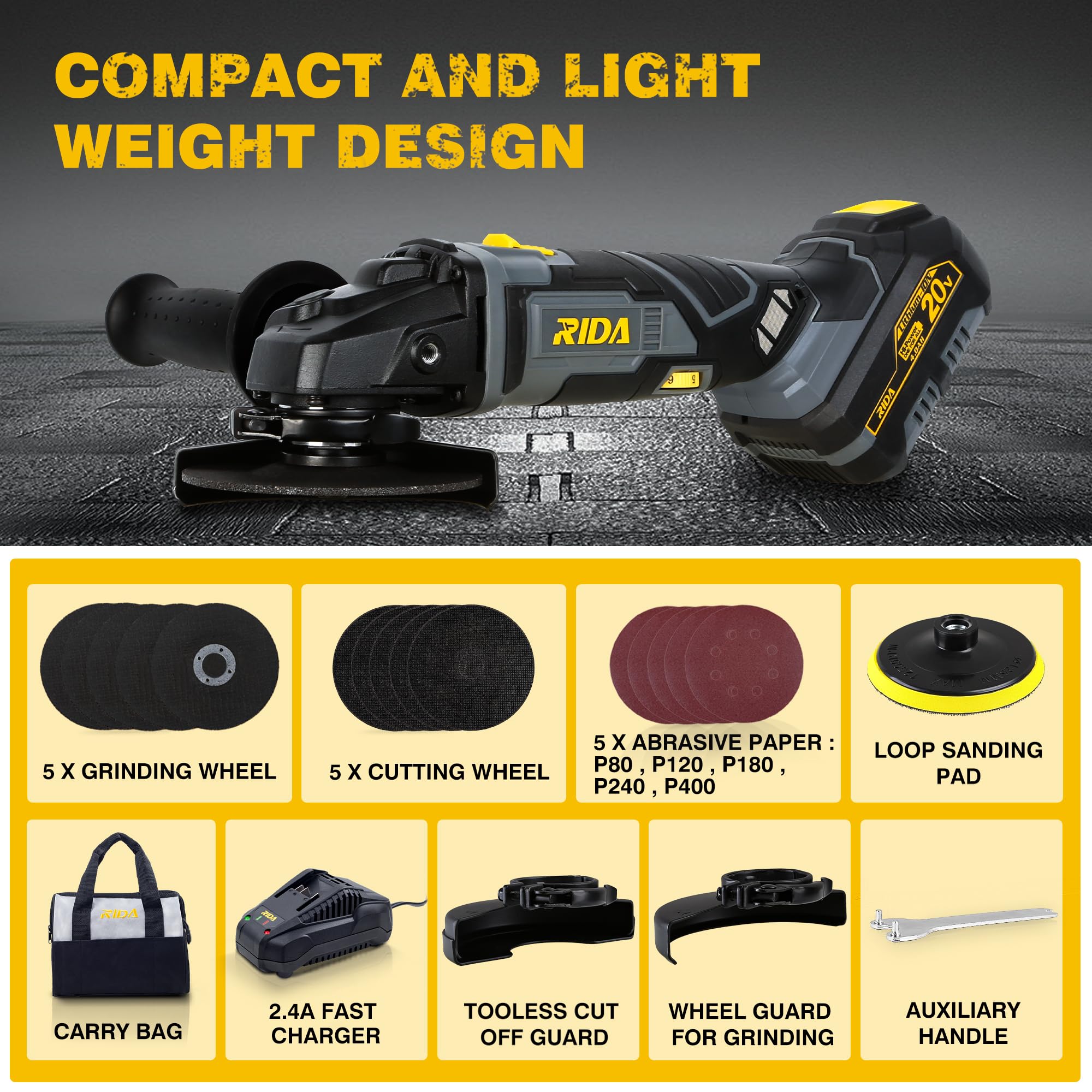 20V Cordless Angle Grinder Kit with 4.0Ah Battery & Fast Charger - 4-1/2 Inch Electric Grinder for Cutting and Grinding Metal, Stone, Concrete | Adjustable Handle, 22Pcs Accessories Included | Perfect for DIY Projects, Metal Fabrication, Construction Work and Home Renovations