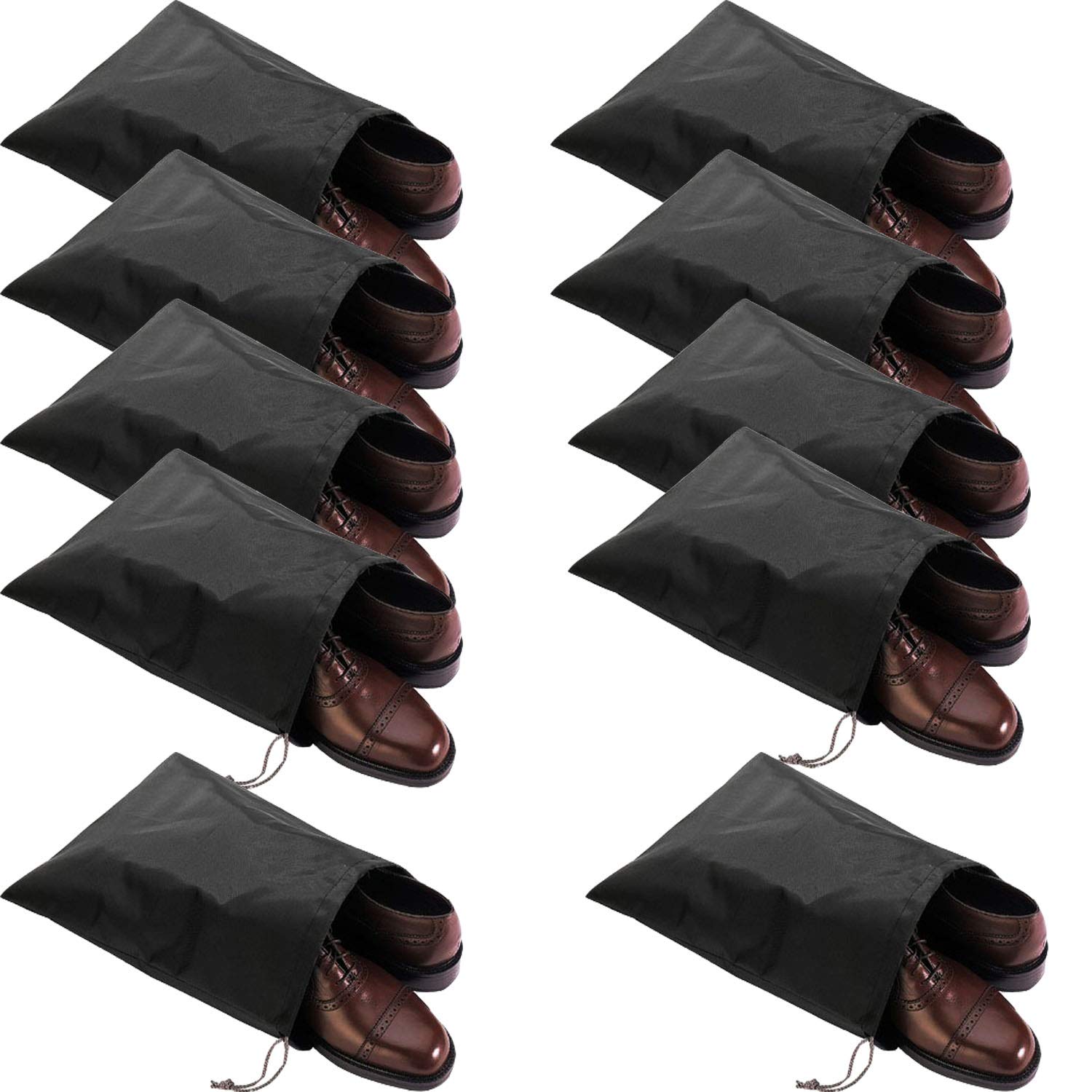 FASYACO 10 Pack Waterproof Nylon Shoe Bags for Travel - Durable & Lightweight Shoe Organizers (Black) - Perfect for Gym, Beach & Business Trips