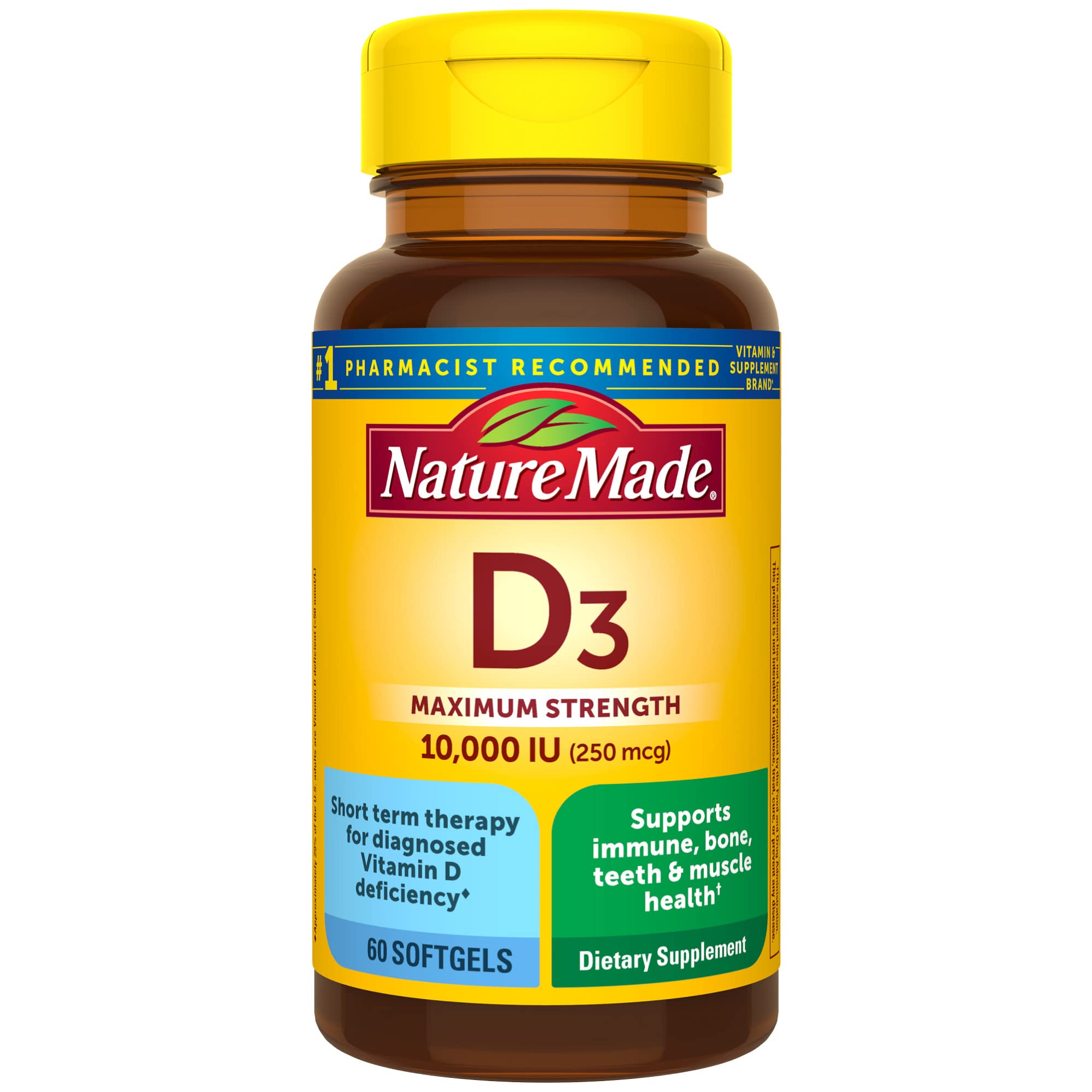 Nature Made Maximum Strength Vitamin D3 10000 IU (250 mcg) Softgels - Bone, Teeth & Immune Support Supplement - 60 Count (60 Day Supply) - Supports Muscle Function & Overall Wellness - Ideal for Indoor Lifestyles & Low Sunlight Areas