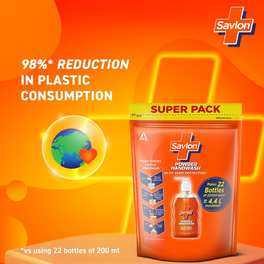 Savlon Powder-to-Gel Handwash Refill Super Pack - 200g Makes 4.4L Liquid Soap (22 x 200ml Bottles) | Moisturizing & Gentle for Soft Hands | Fresh Scent | Resealable Pouch | Ideal for Home, Office, Travel & Public Restrooms