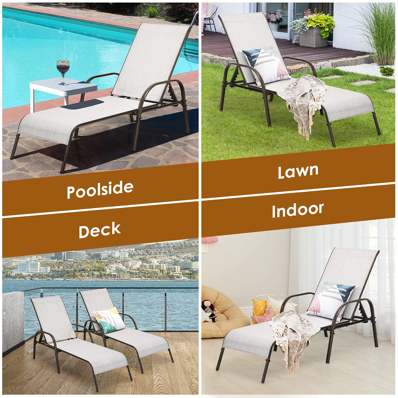 Tangkula Adjustable Reclining Outdoor Lounge Chair - Heavy Duty Steel Frame Patio Chaise for Poolside, Beach, Yard & Balcony | Perfect for Sunbathing, Relaxing & Lounging by the Pool or Garden