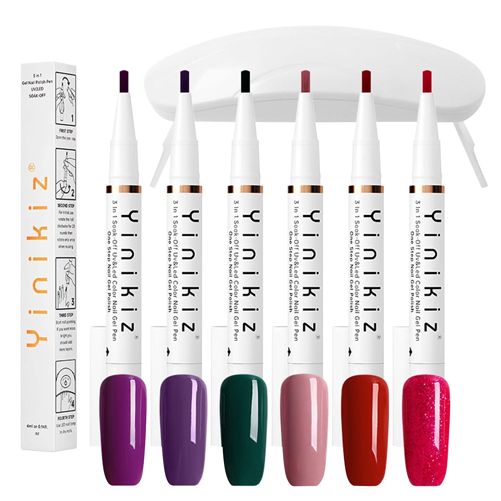 ZITIANY 4/6 Pieces Nail Polish Pen Set - 4ml One Step Gel Polish with LED Nail Lamp, No Base/Top Coat Needed - DIY Manicure Kit for Women & Girls at Home/Salon/Nail Party