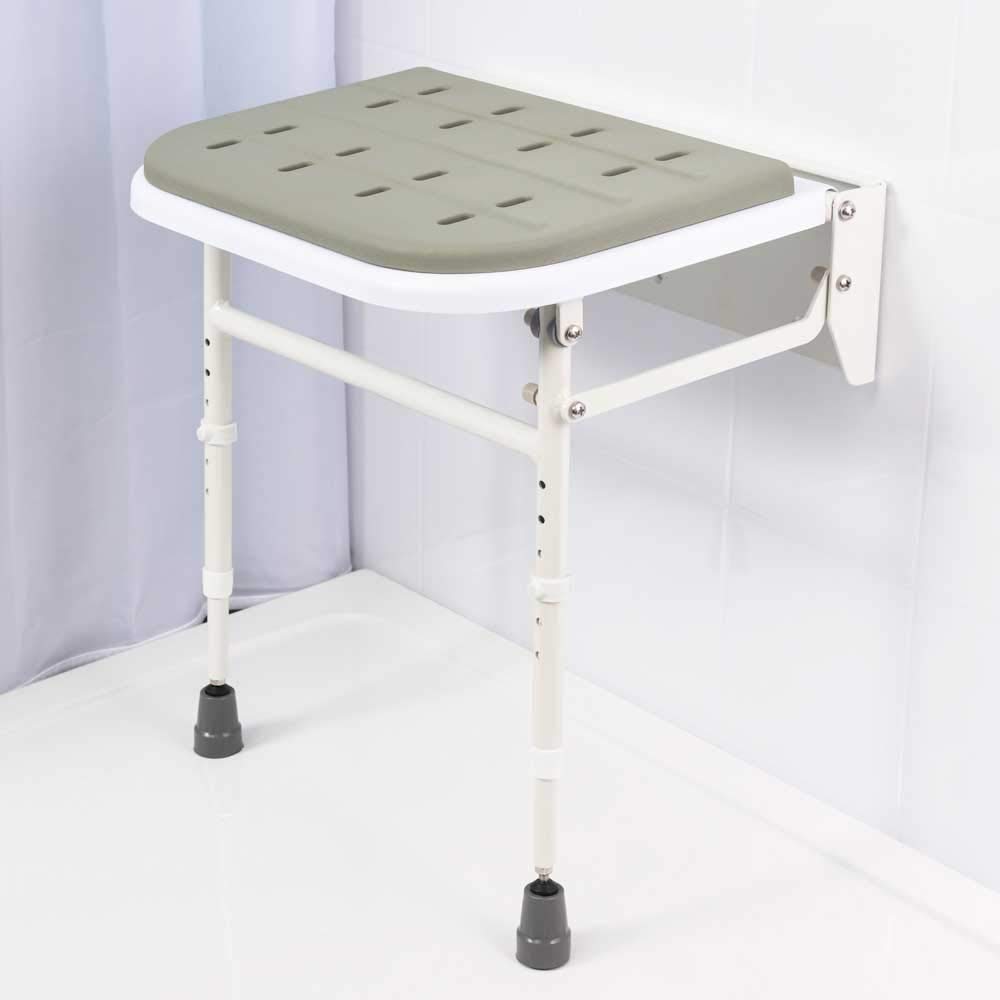 NRS Healthcare Wall Mounted Folding Shower Seat with Padded Seat & Adjustable Legs - Safe Bathroom Shower Chair for Elderly & Disabled - Ideal for Small Spaces & Home Care Use