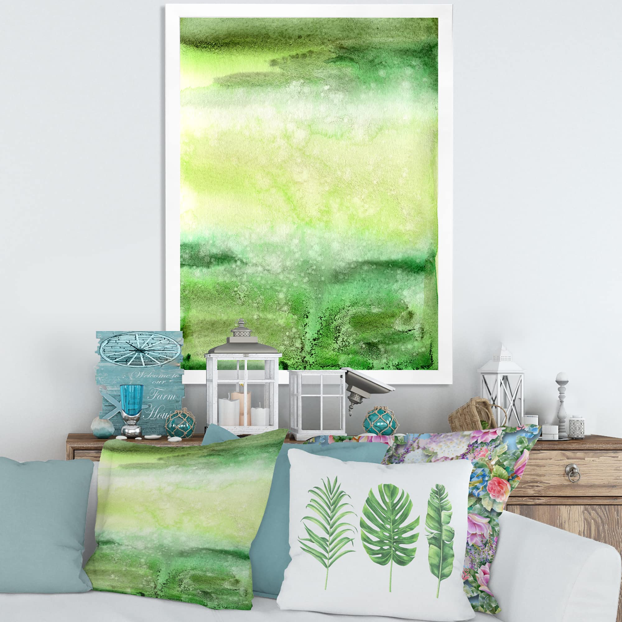 Pastel Abstract Framed Wall Art with Dark Green & Beige Spots - Modern Home Decor for Living Room, Bedroom & Office