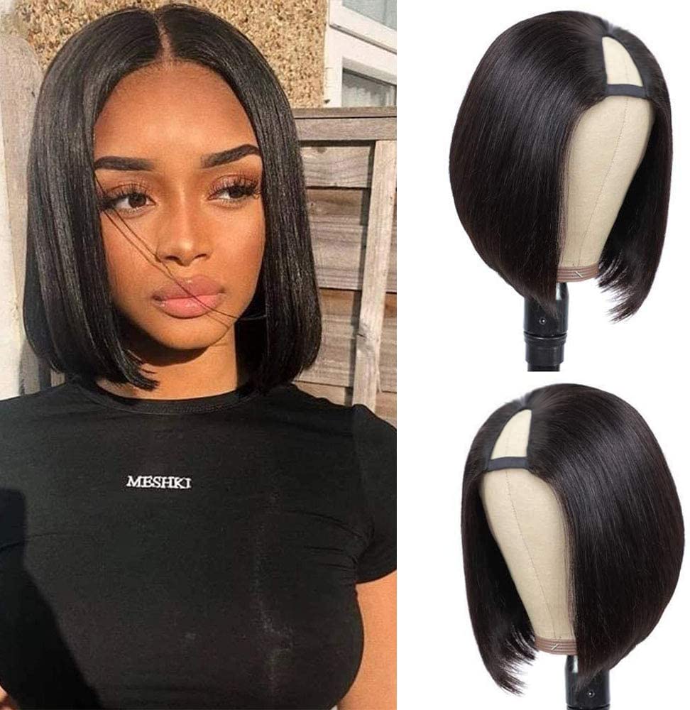 PANEWAY 10 Inch Short Bob Straight Wig - Brazilian Remy Human Hair U Part Wig for Black Women | Clip-in Half Wig & Hair Extensions | Natural Color | Perfect for Daily Wear, Parties & Special Occasions