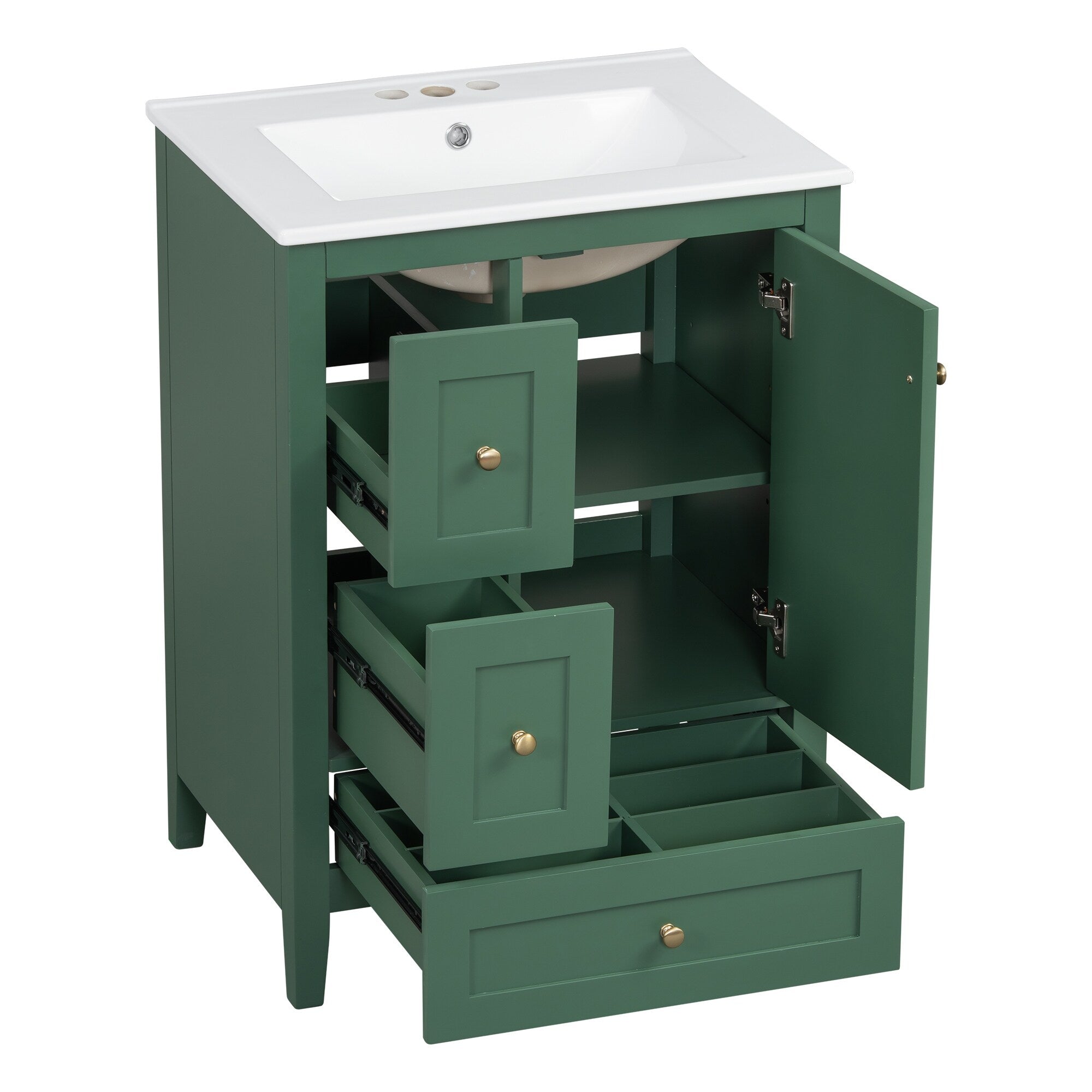24 Inch Bathroom Vanity with Storage - Adjustable Shelf & Removable Dividers, MDF & Rubberwood Construction, Dark Green Finish for Modern Bathroom Decor