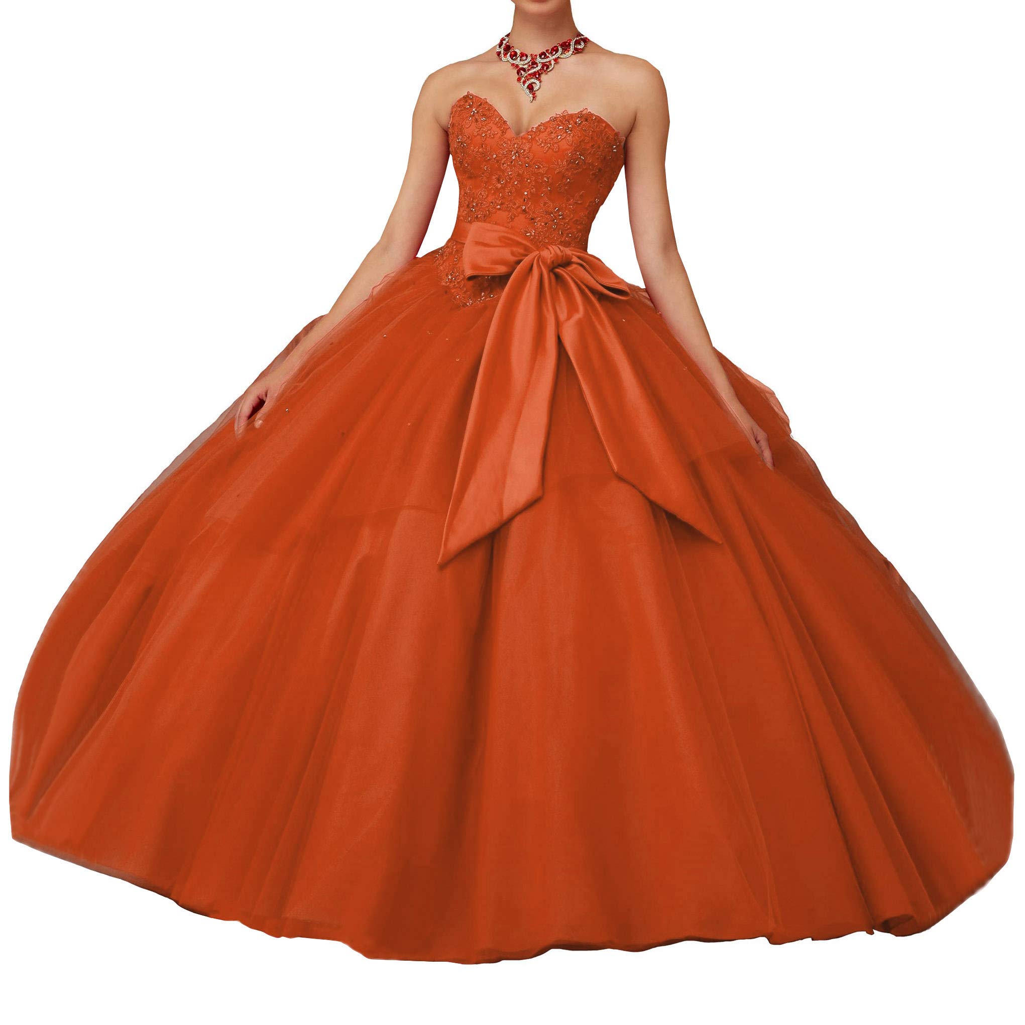 Emmani Women's Sweetheart Lace Applique Quinceañera Prom Dress - Beaded Sweet 15 Gown in Orange Red | Perfect for Quinceañera, Prom, Homecoming & Special Occasions