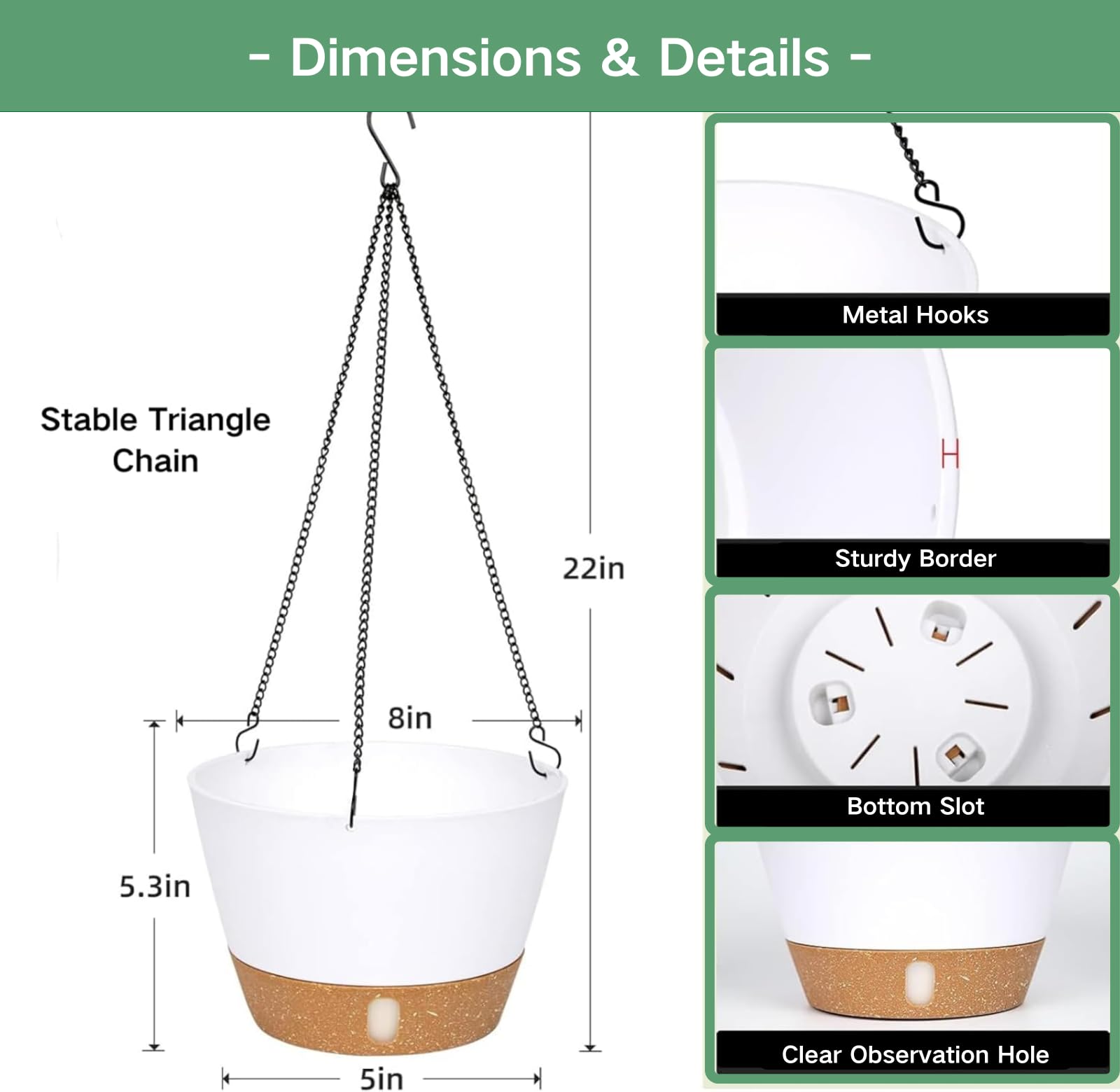 QCQHDU 8 Inch Self-Watering Hanging Planters for Indoor & Outdoor Plants - 2 Pack with Drainage Holes & Removable Tray - Perfect for Balcony, Patio, and Home Decor